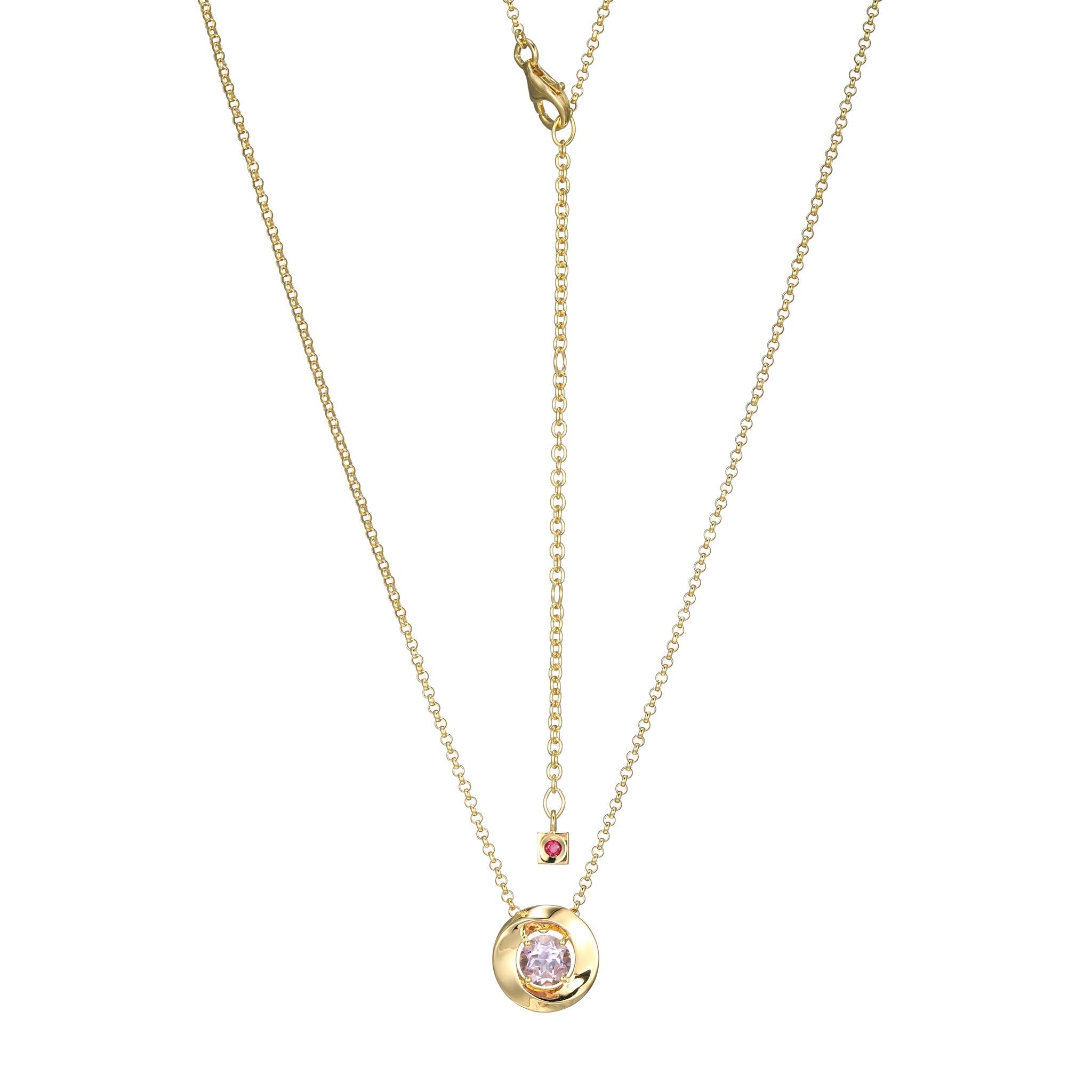 This Swirl Collection Necklace Features A Genuine Pink Amethyst Set In Gold-Plated Sterling Silver.  The Subtle Hue Of The Amethyst Contrasts Beautifull With The Warm Gold Tones. The 17" Rolo Chain With A 3" Extender Offers Versatile Wear.