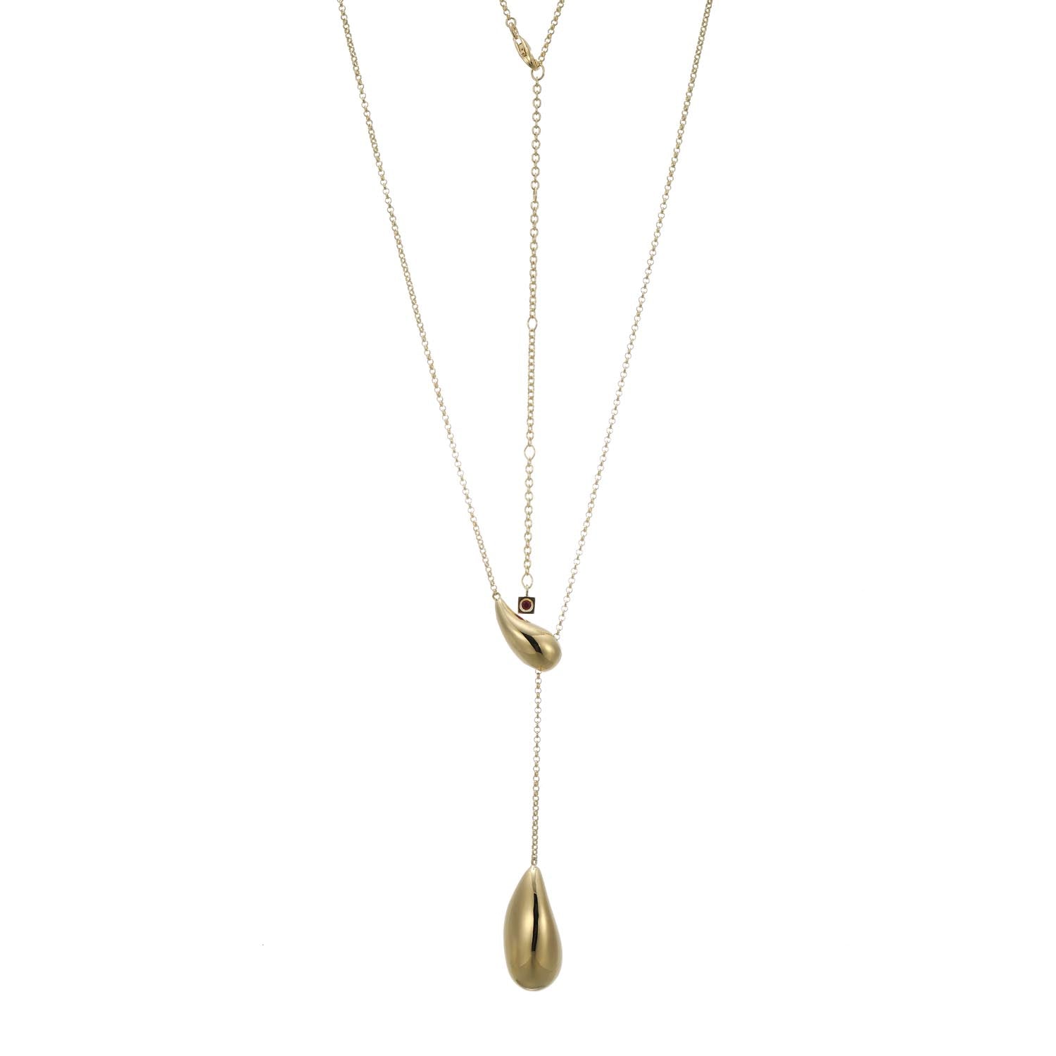 This Gold-plated Sterling Silver Lariat Necklace Features Two Smoothly Sculpted Teardrop Pendants. Accented By Elle's Signature Ruby, It Embodies Modern Elegance--a Hallmark Of The Teardrop Collection.