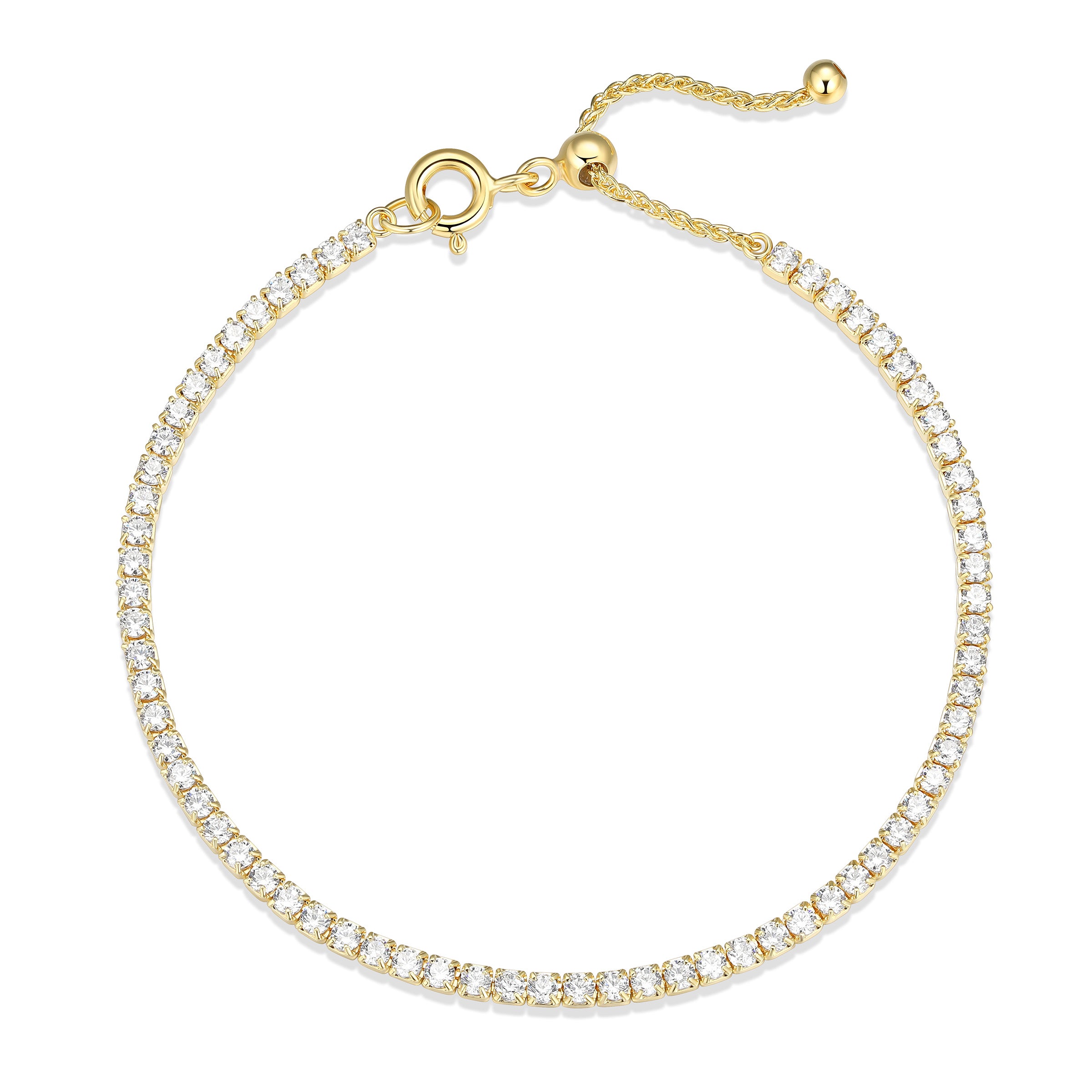 Cubic Zirconia Slim Adjustable Slider Tennis Bracelet In Sterling Silver With 18K Gold Plating. Includes Reign Branded Pouch. 8".