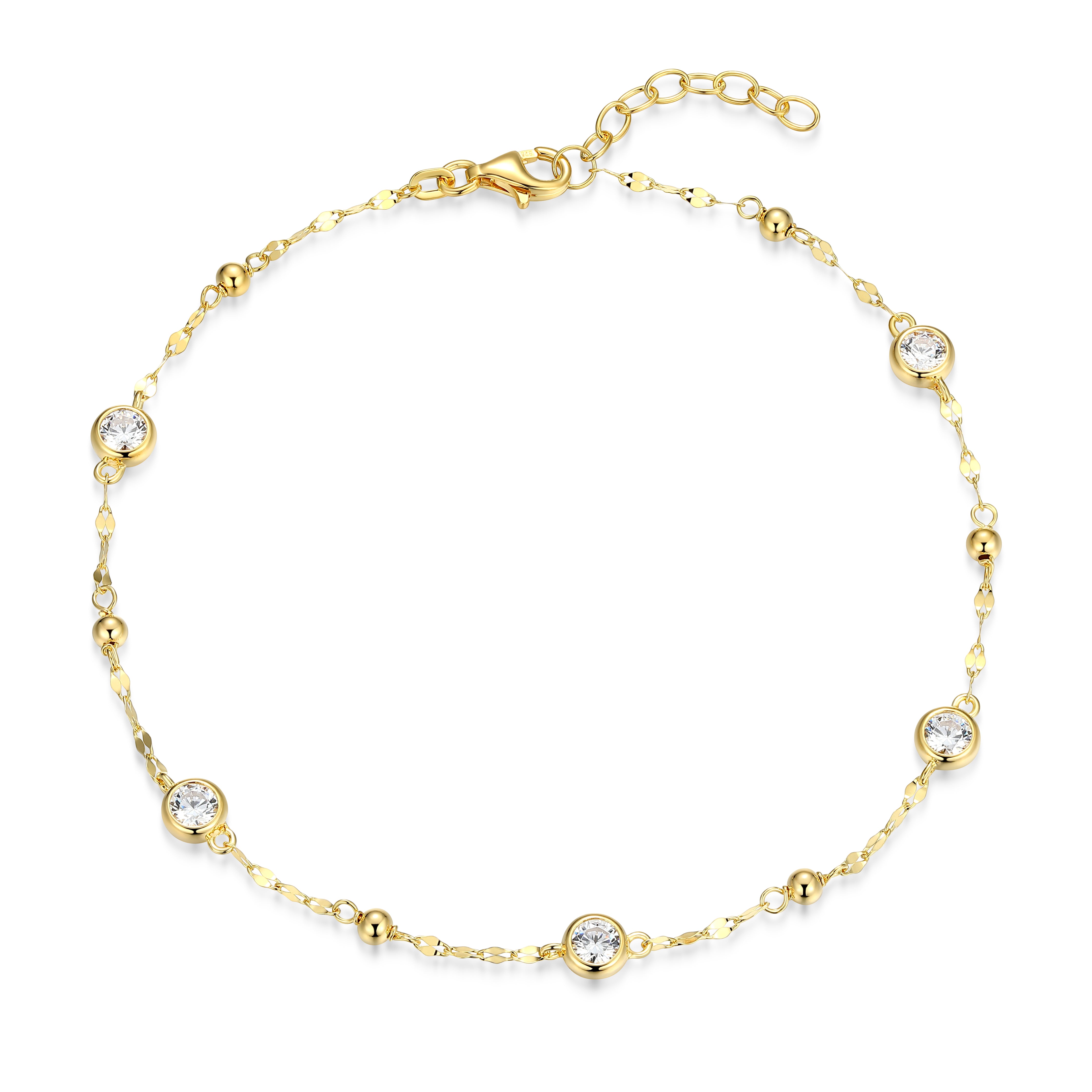 RB0196Y - Bezel Set CZ Stations Beaded Chain Anklet