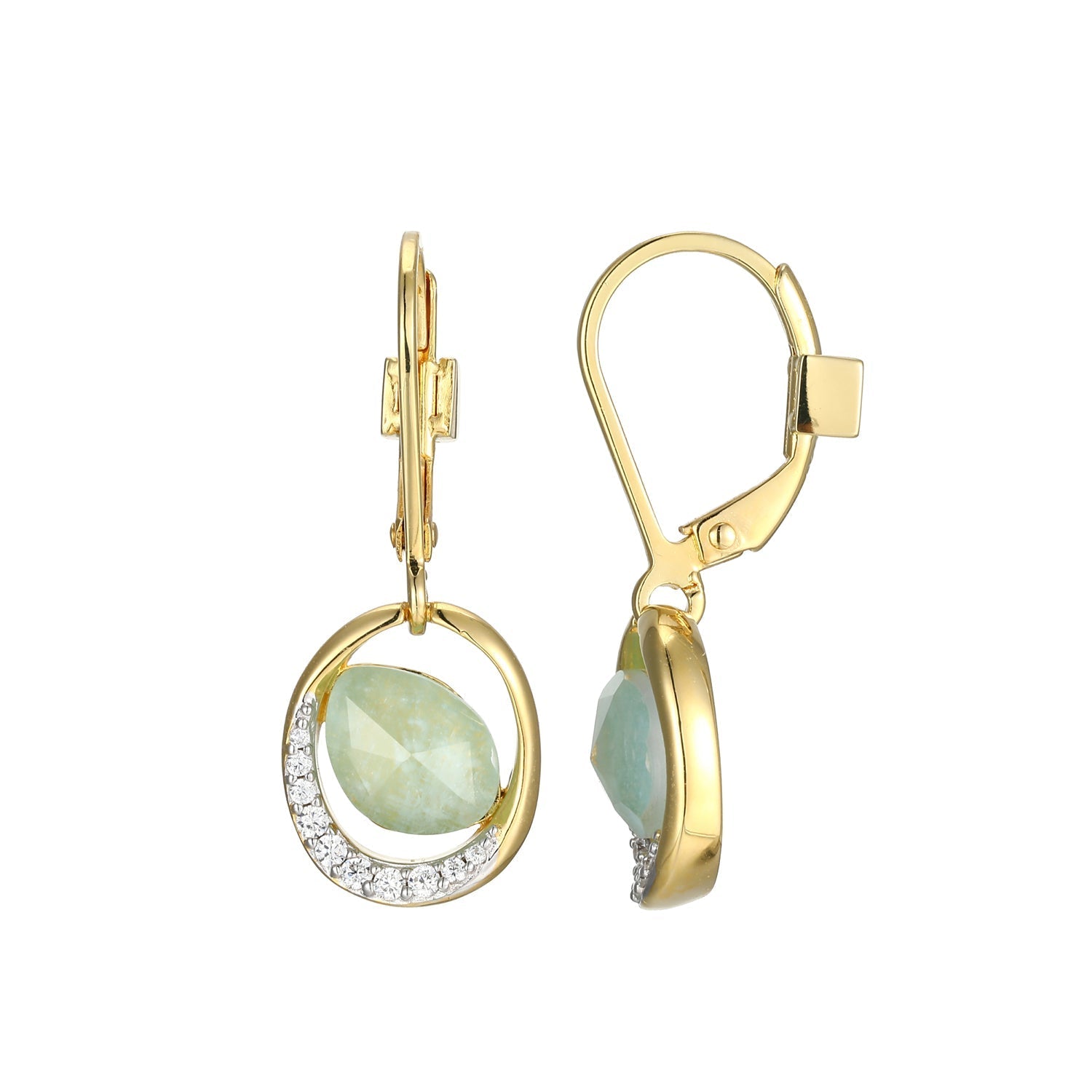Sterling Silver "Treasure" Yellow Gold And Rhodium Plated Doublet, Genuine White Crystal And Amazonite With Clear Cubic Zirconia Lever Back Drop Earring.