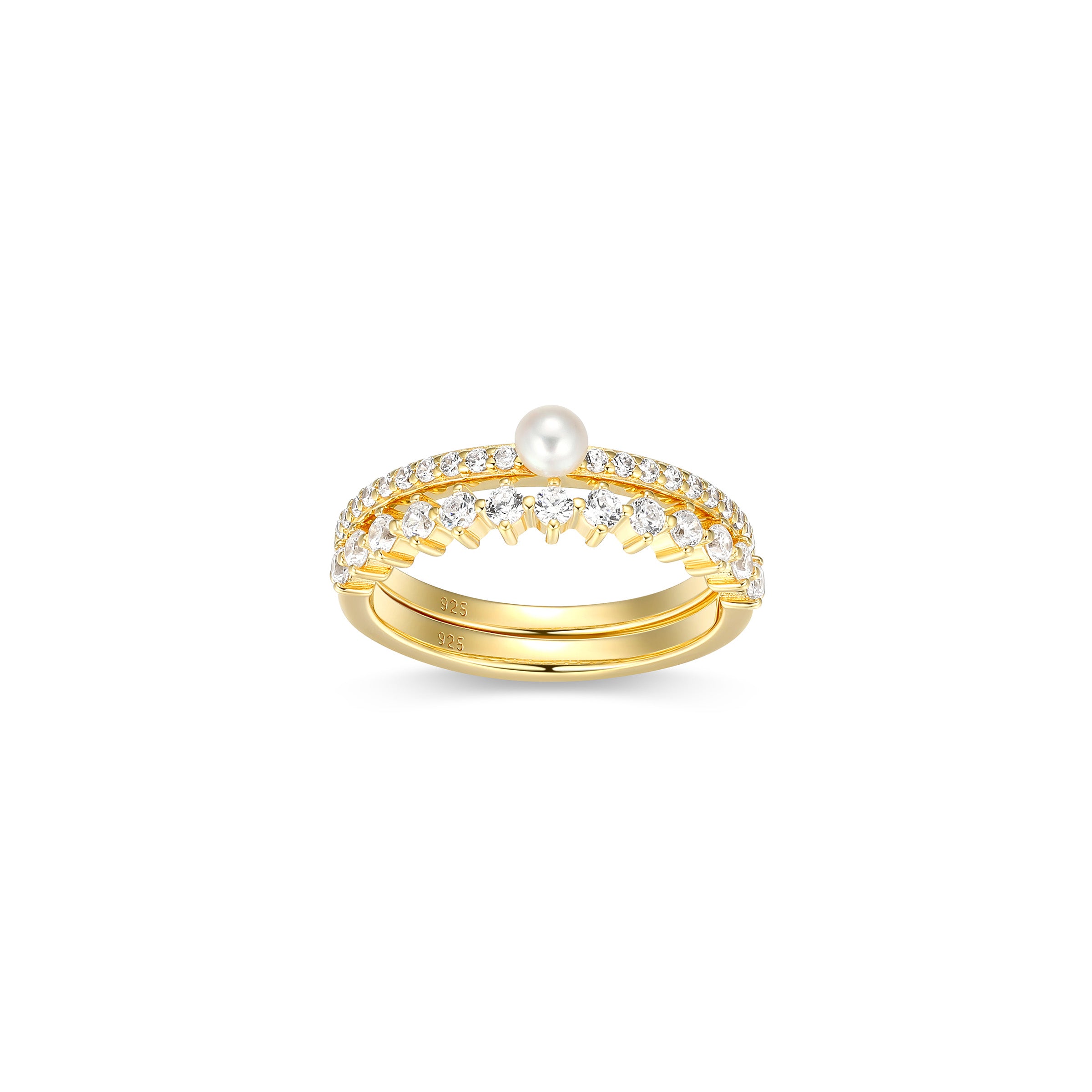 Diamondlite Cz And 4Mm Round Genuine Pearl Set Of Two Slim Stackable Rings In  Sterling Silver With 18K Gold Plating - Size 7