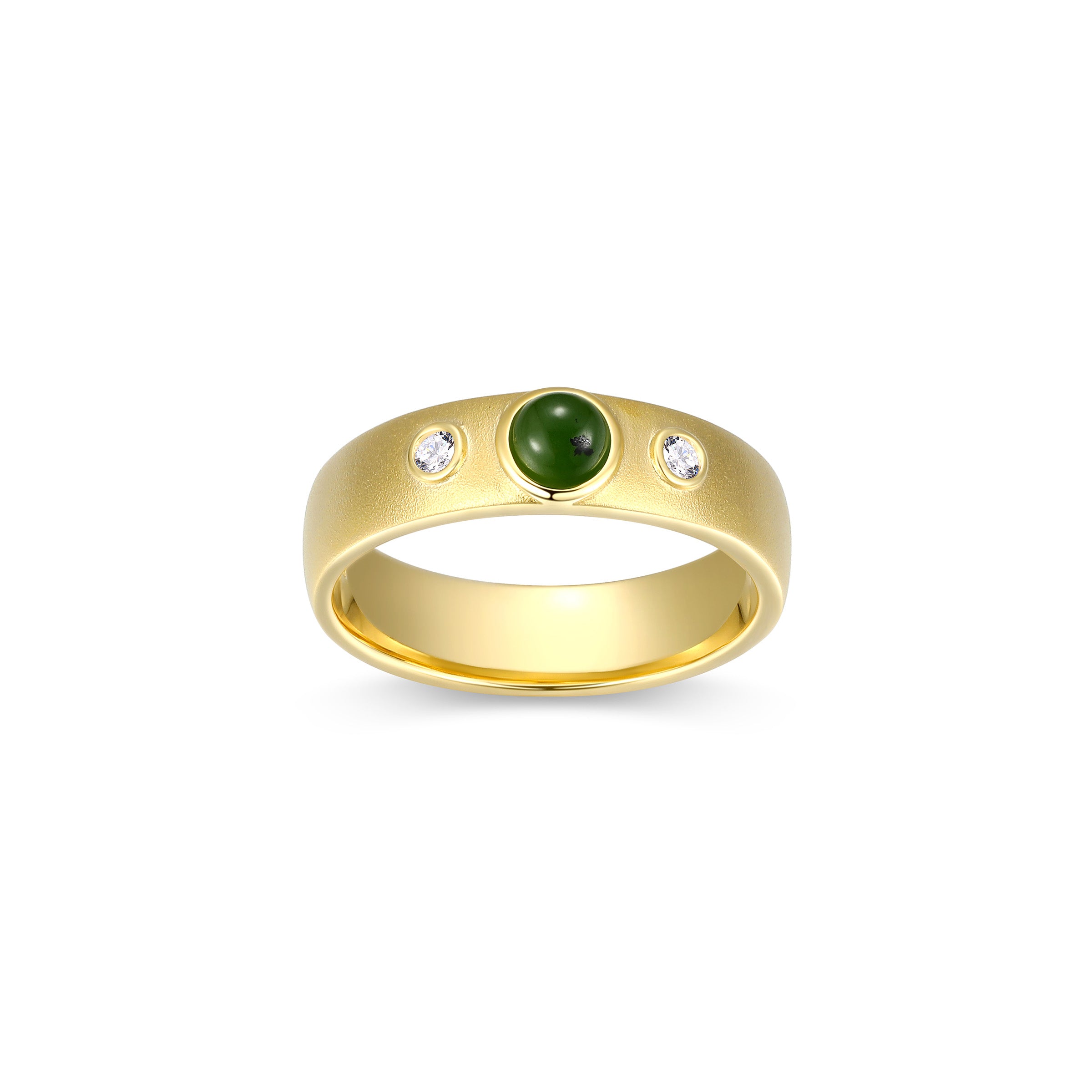Diamondlite Cz And 4Mm Genuine Green Nephrite Jade Band Ring In Sterling Silver With Matte 18K Gold Plating - Size 6