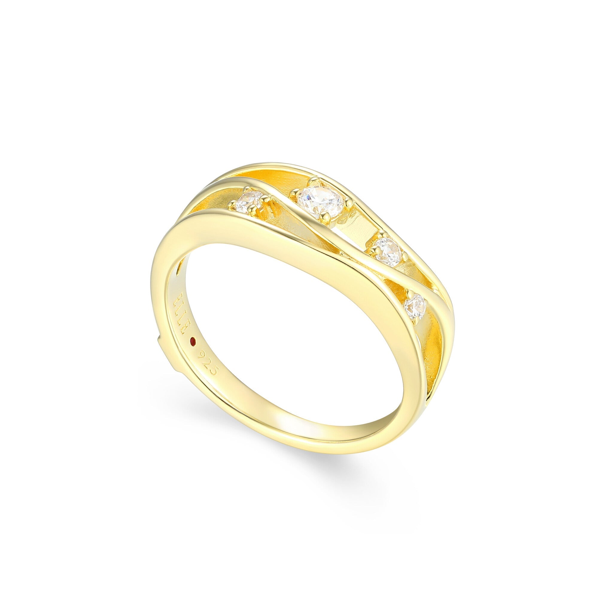 Sterling Silver Elle "Between" Yellow Gold Plated Ring Cubic Zirconia Rd 3Mm Fine Matt Finish - Size 6