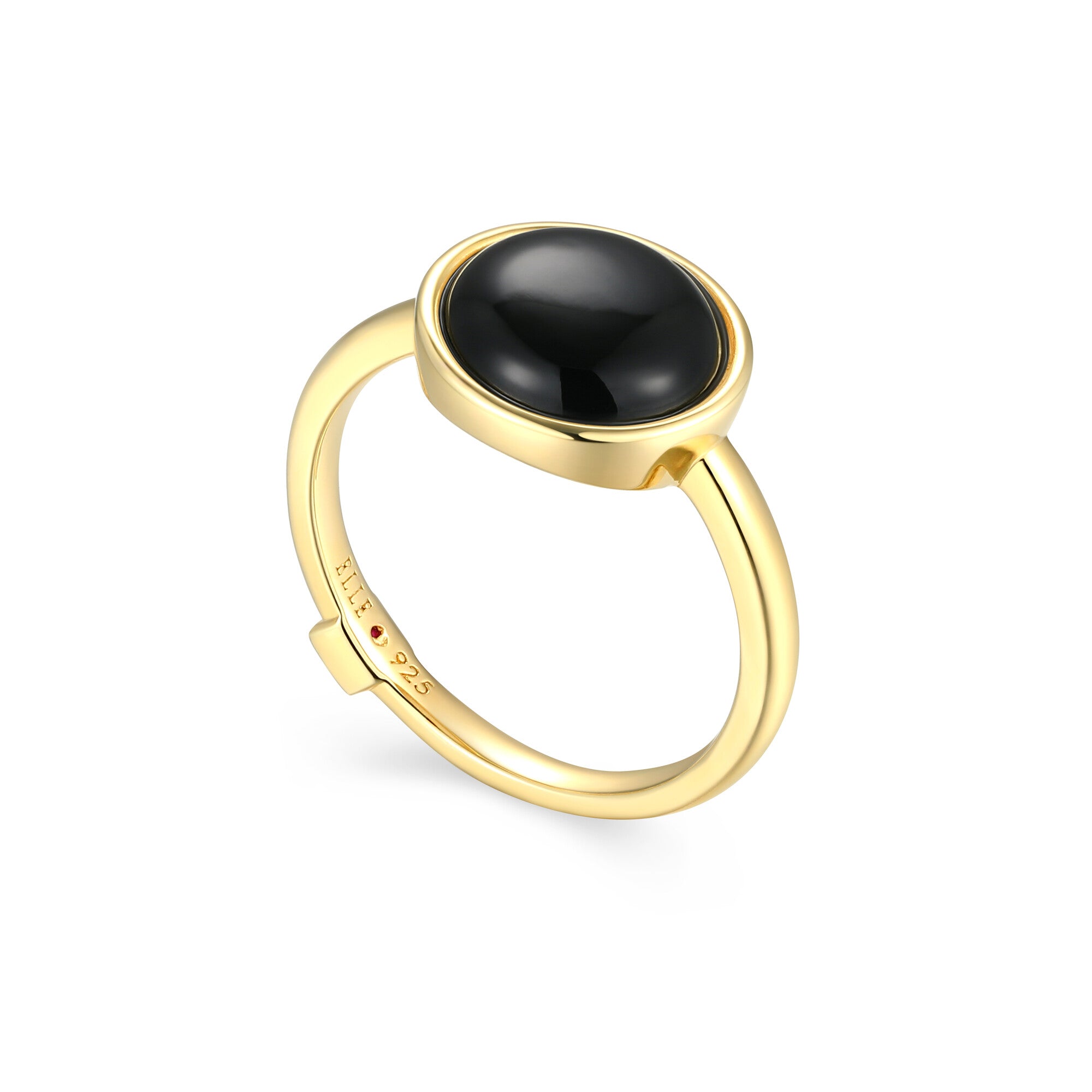 Sterling Silver Elle "Lustre" Yellow Gold Plated Ring Genuine Black Agaterd 10Mm - Size 9