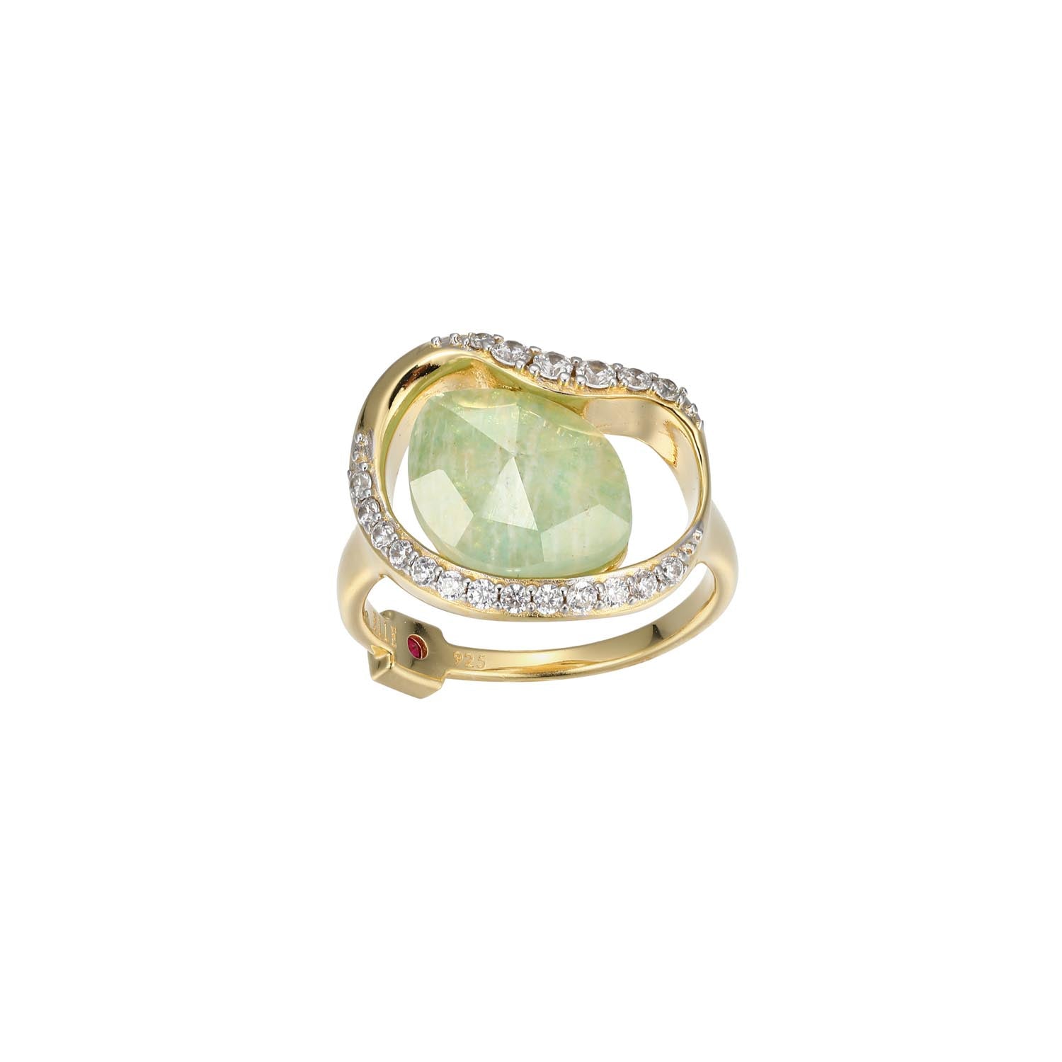 Sterling Silver "Treasure" Yellow Gold And Rhodium Plated Doublet, Genuine White Crystal, And Amazonite With Clear Cubic Zirconia Ring - Size 6