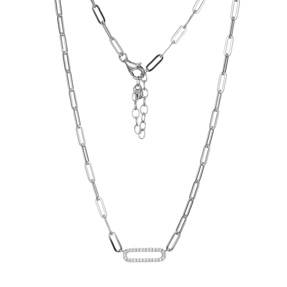 Sterling Silver Necklace Made Of Paperclip Chain (3Mm) And Cz Link (18X6Mm) In Center, Measures 17" Long, Plus 2" Extender For Adjustable Length, Rhodium Plated