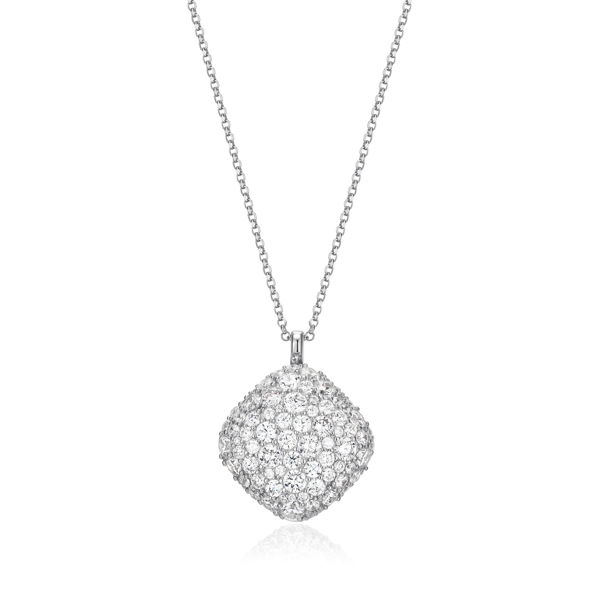 Sterling Silver "Glimmer" Rhodium Plated Diamond Shape Cubic Zirconia Pendant On A Faceted Rolo Chain 17"+2"