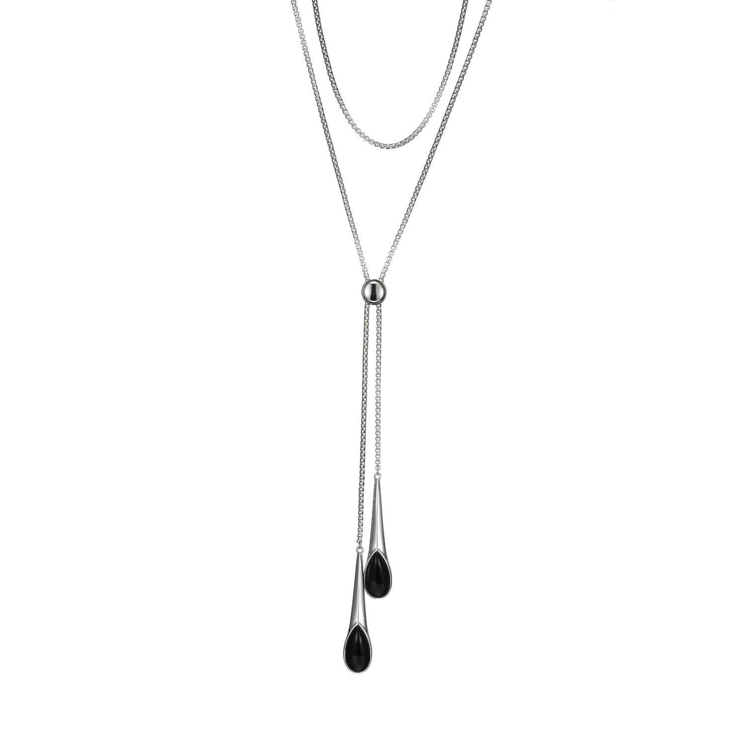 Sterling Silver "Ethereal Drops" Rhodium Plated Black  Agate Necklace On A 30" Box Chain
