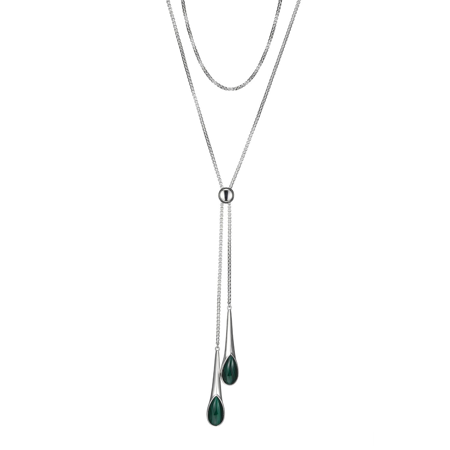 Sterling Silver "Ethereal Drops" Rhodium Plated Malachite Nekclace On A 30"  Box Chain