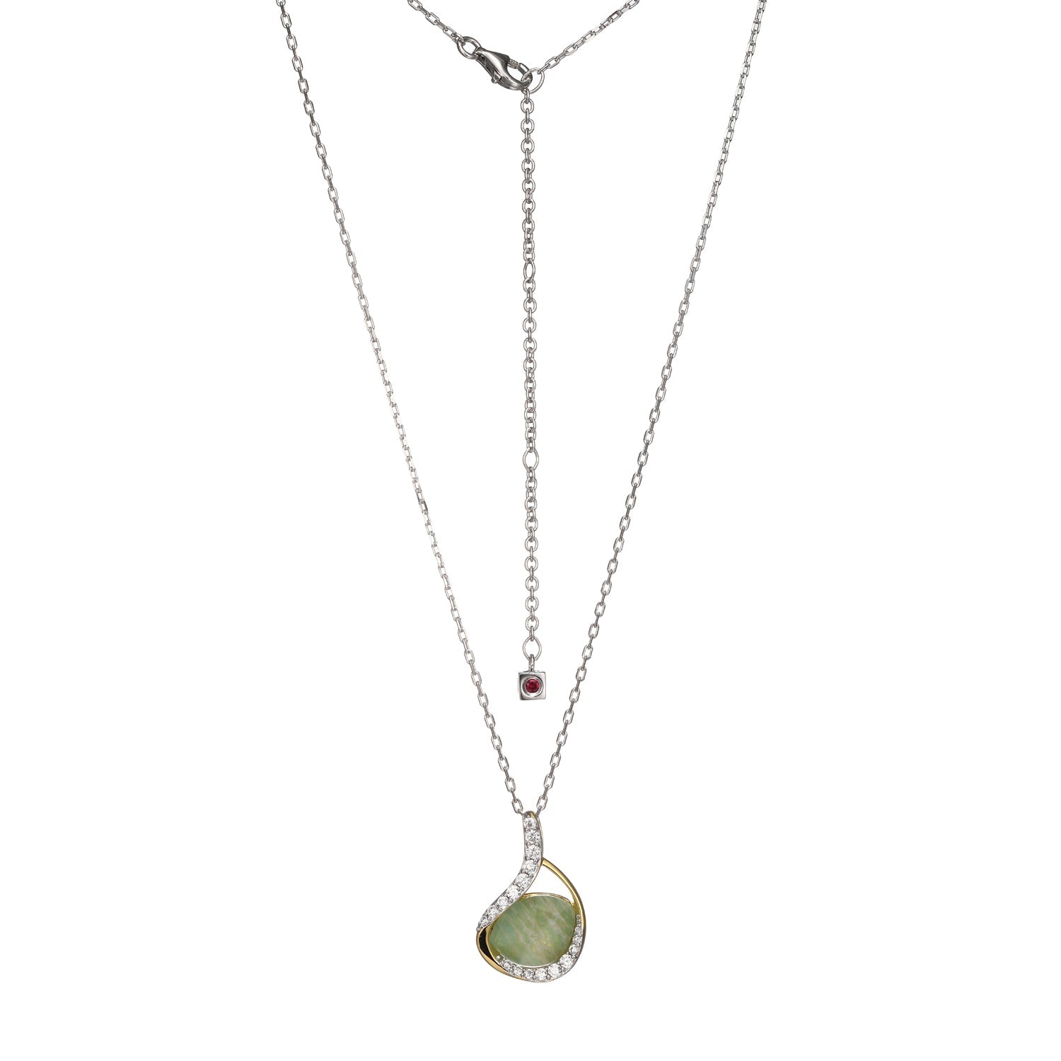 Sterling Silver "Treasure" Yellow Gold And Rhodium Plated Doublet Genuine White Crystal And Amazonite Pendant On Faceted Diamond Cut Cable Chain 17"+3"