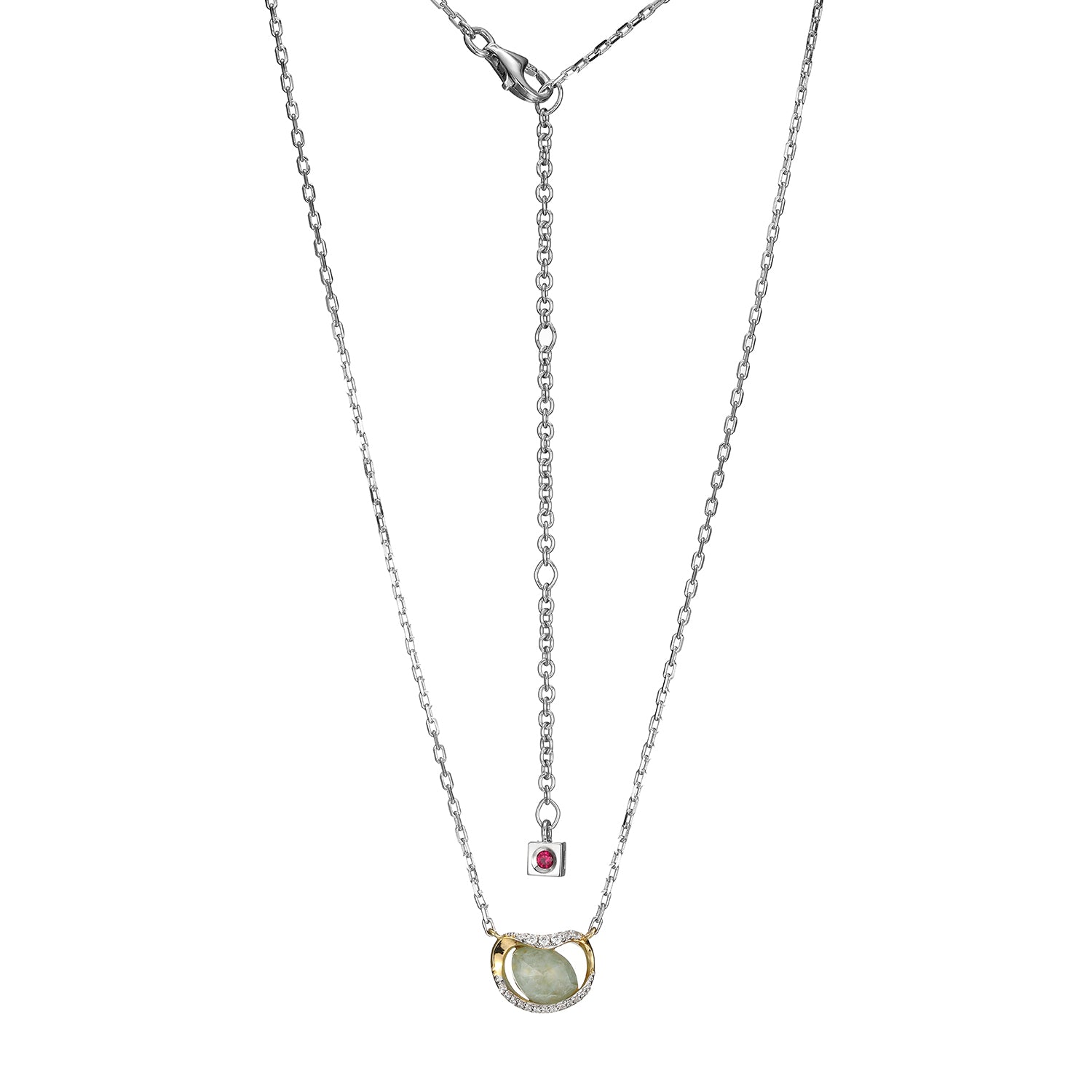 Sterling Silver "treasure" Rhodium And Yellow Gold-plated Doublet, Genuine White Crystal, And Amazonite With Clear Cubic Zirconia Pendant On A Faceted Diamond Cut Cable Chain 16" + 2"
