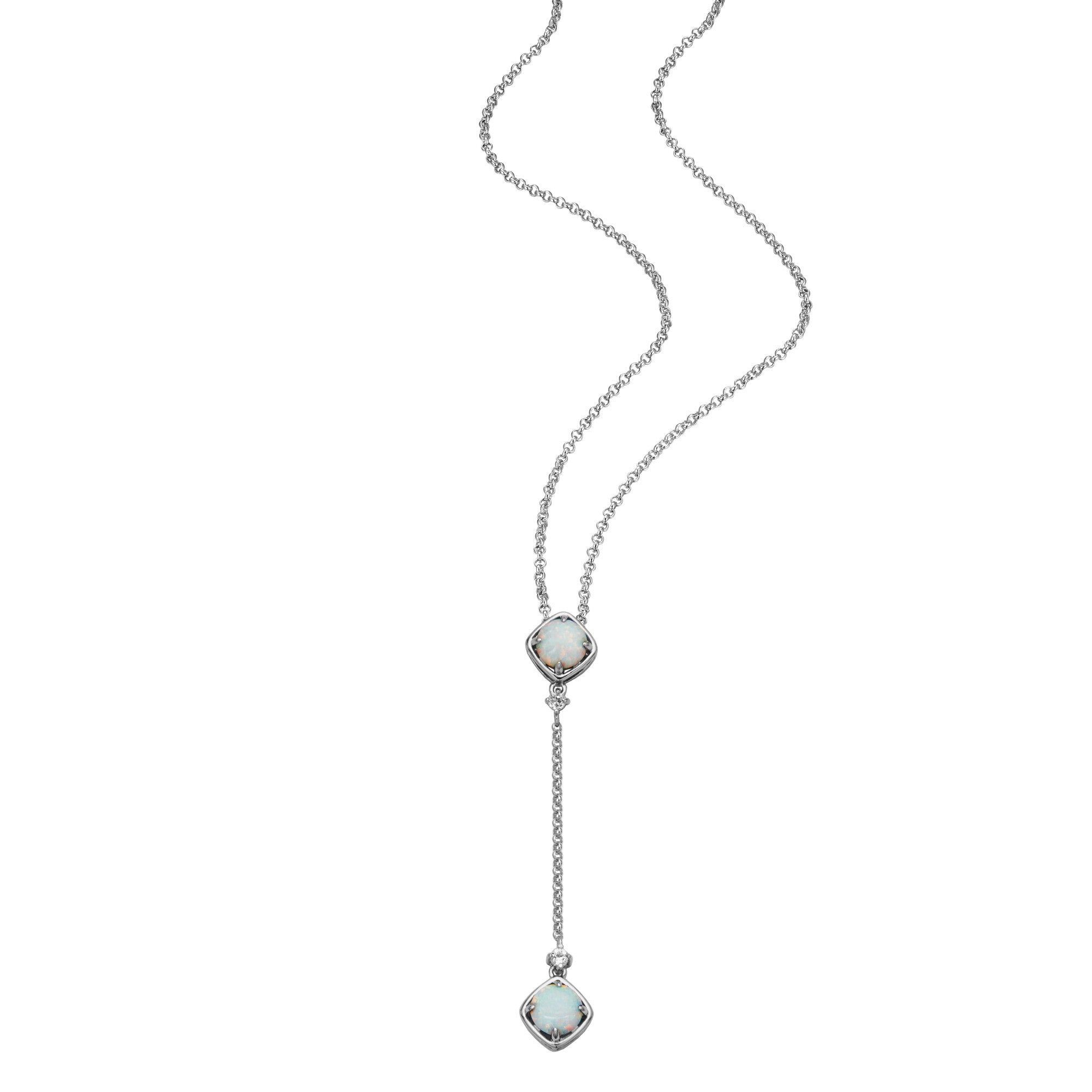 This Delicate Opal Lariat Necklace Features Two Symmetrical Created Opals, Precisely Set In Square Bezels And Linked By A Delicate Chain. This Balanced Design Is Enhanced By Shimmering White Topaz Accents, Adding A Touch Of Elegant Appeal.