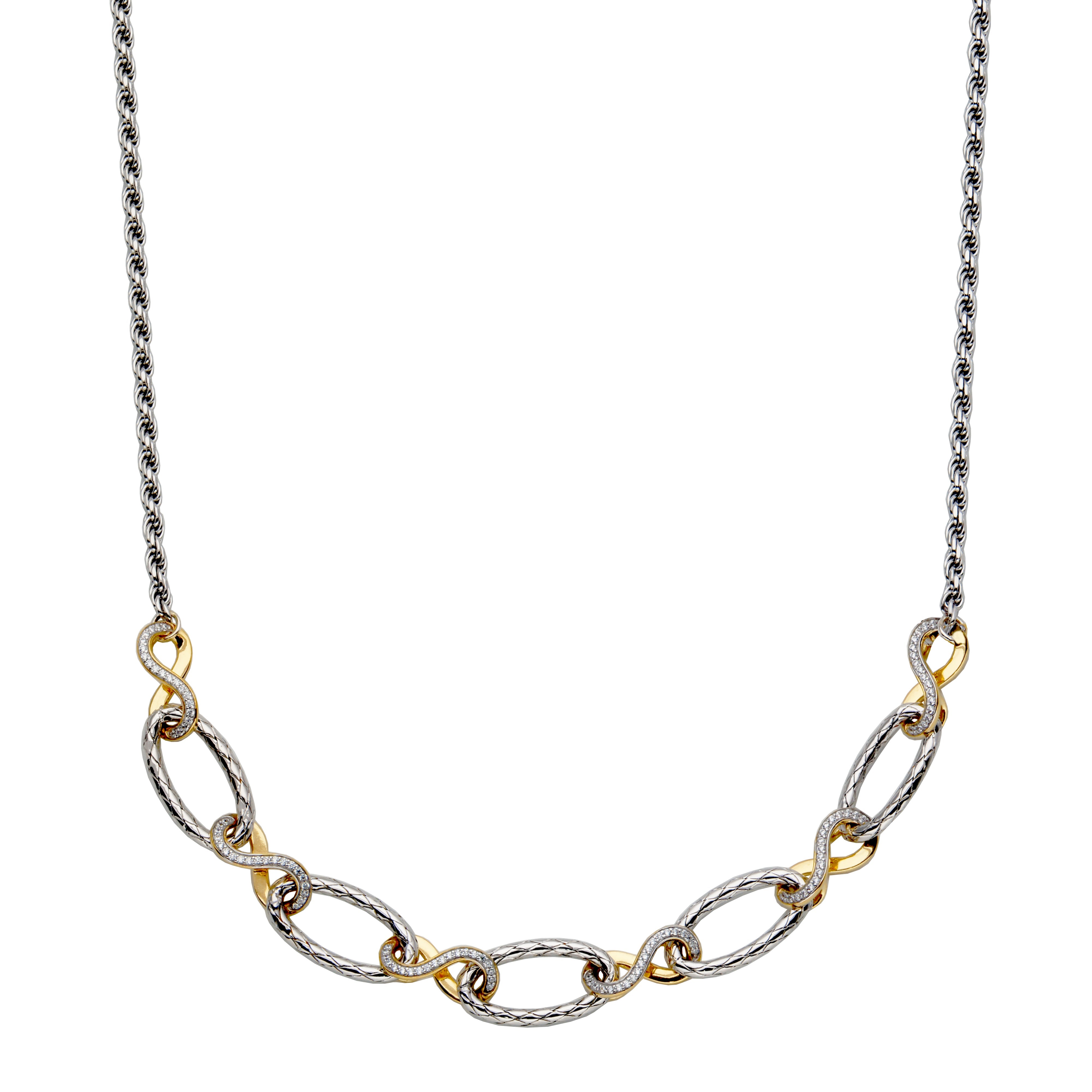 Sterling Silver 2Mm Mesh Link And Cubic Zirconia  Necklace Measures 18"  Plus 2.0 " Extender For Adjustable Length Rhodium And Yellow Gold Finish