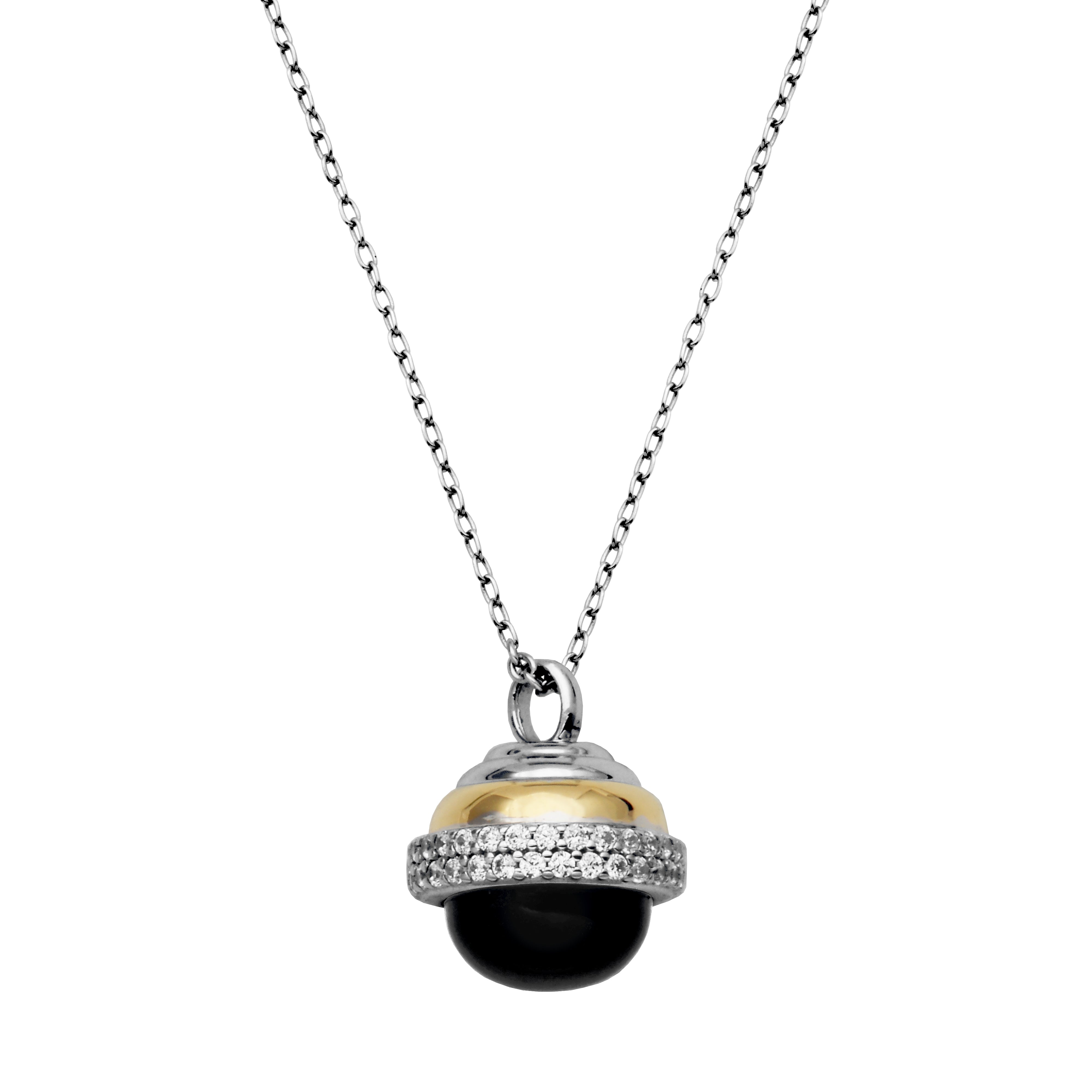 Sterling Silver Black Agate And Cubic Zirconia Necklace Measures 17" Plus 2" Extender For Adjustable Length Cable Chain Rodium And Yellow Gold Finish