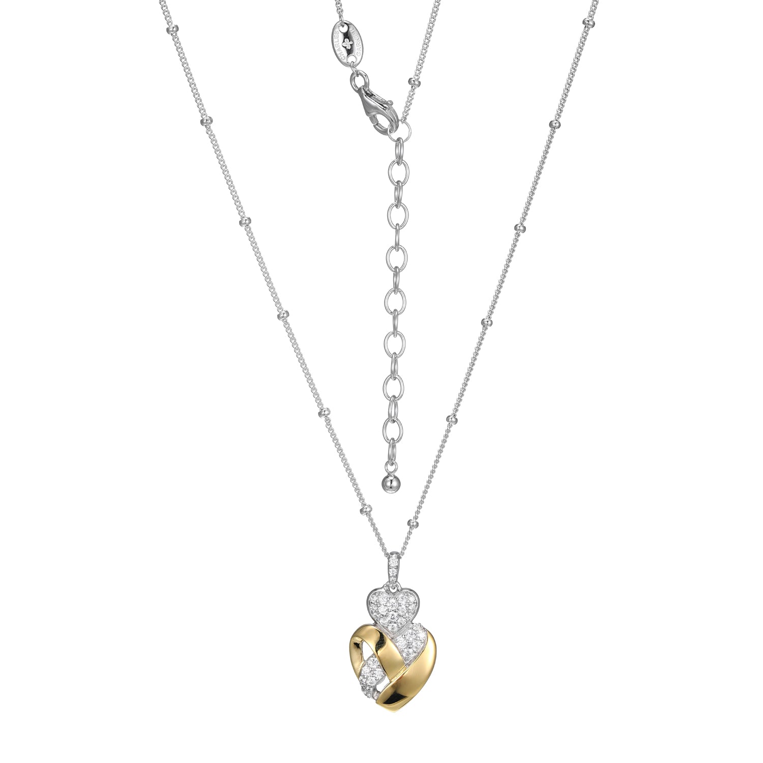 Sterling Silver New Mesh 2 Cubic Zirconia Heart Necklace 17"+2" Rhodium And Yellow Gold Finish