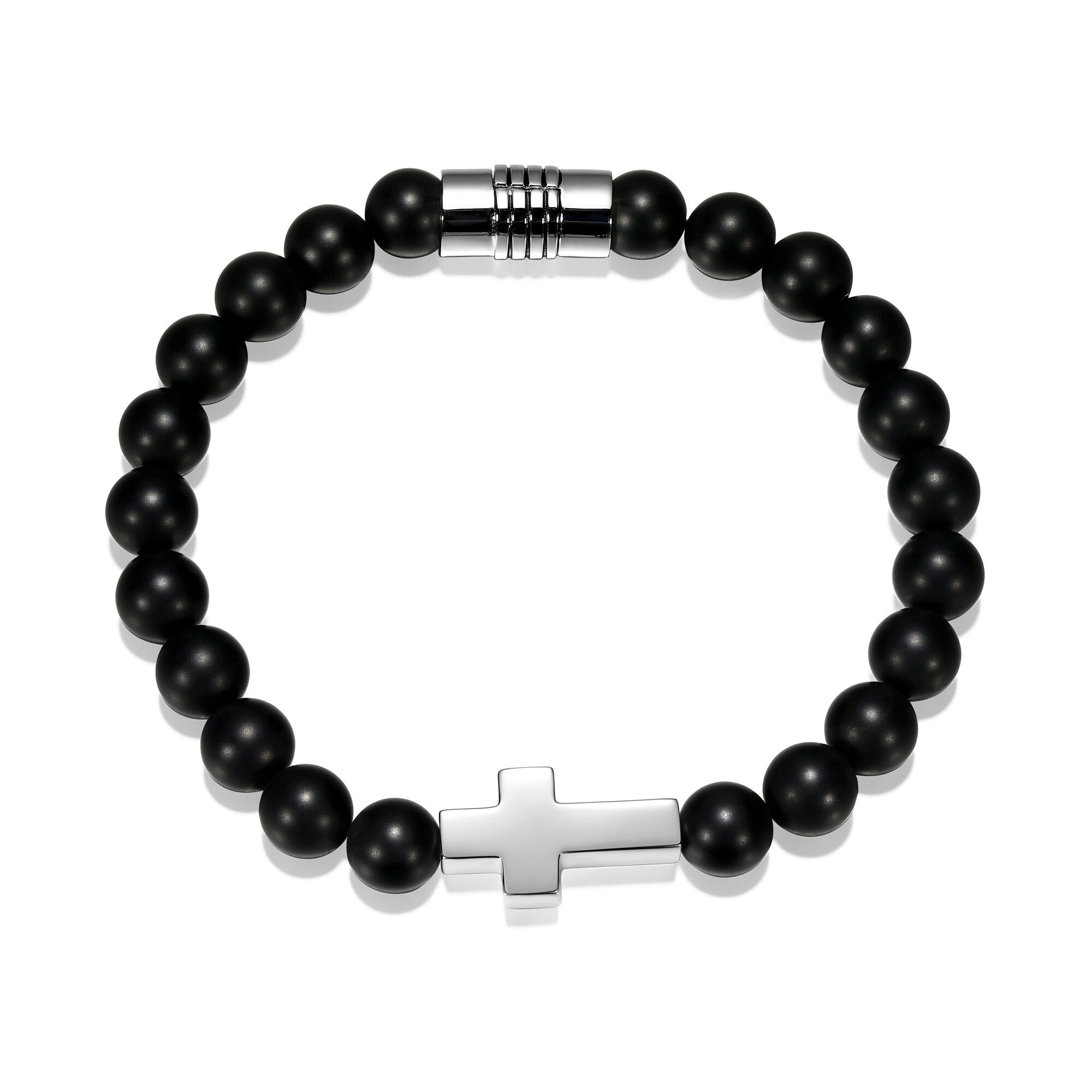 UB0022 - Strata Cross Matte Genuine Black Agate Beaded Bracelet  -  7.25"