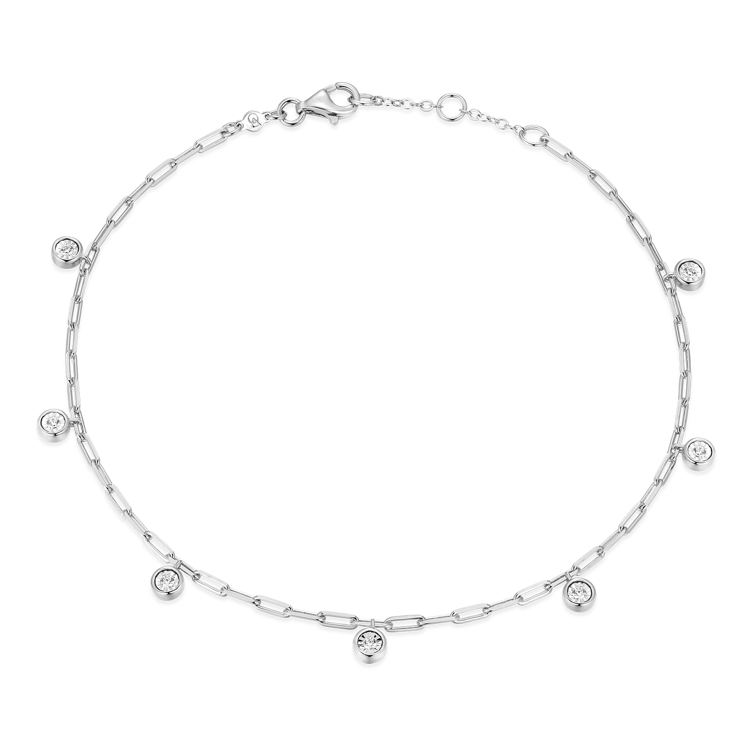 BA0217W - Dangle Station Lab-Created Diamond Mini Paperclip Anklet in Rhodium-Plated Sterling Silver