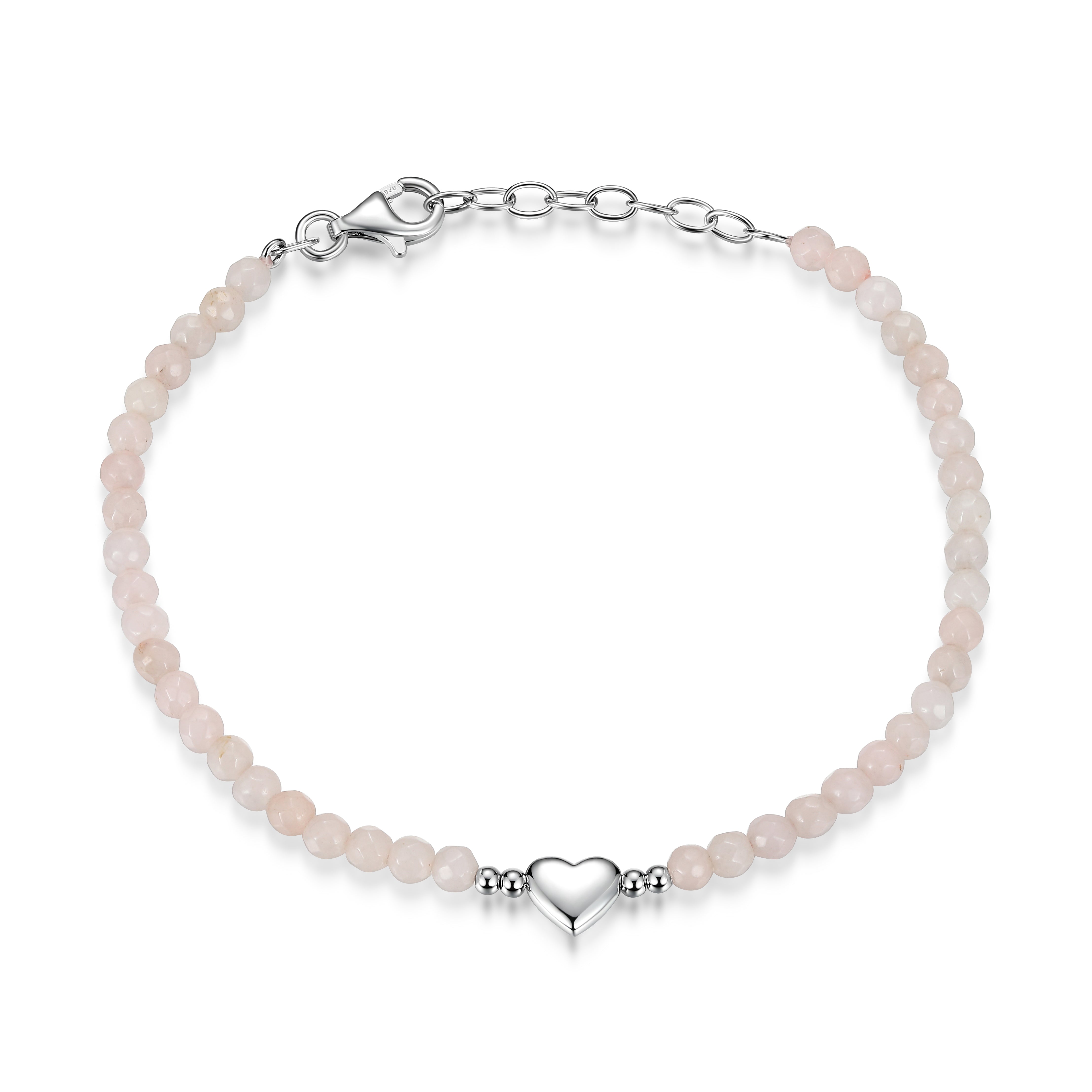 RB0204 - Genuine Dyed Pink Quartzite Beaded Heart Charm Bracelet