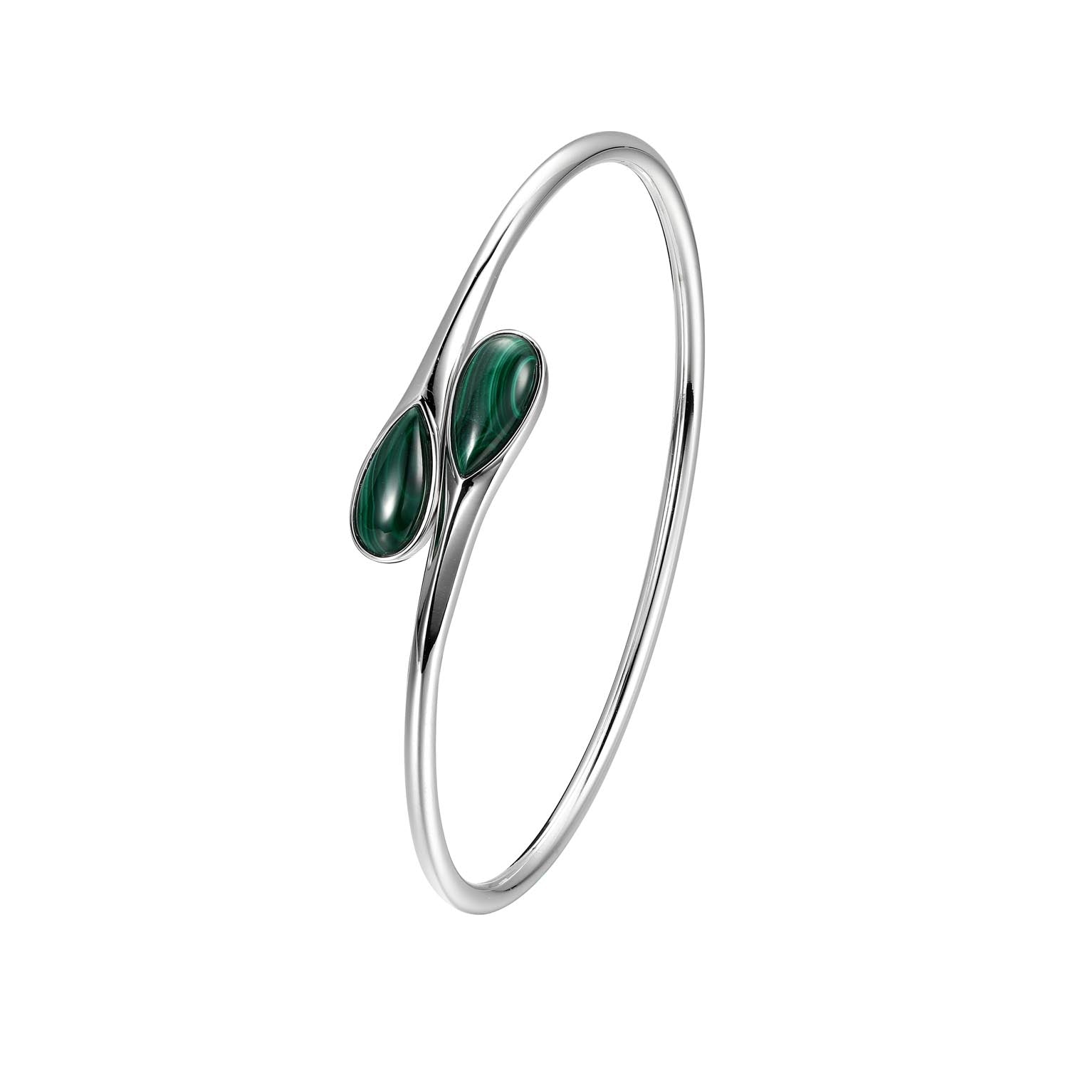 Sterling Silver "Ethereal Drops" Rhodium Plated Malachite Bangle 6.75"