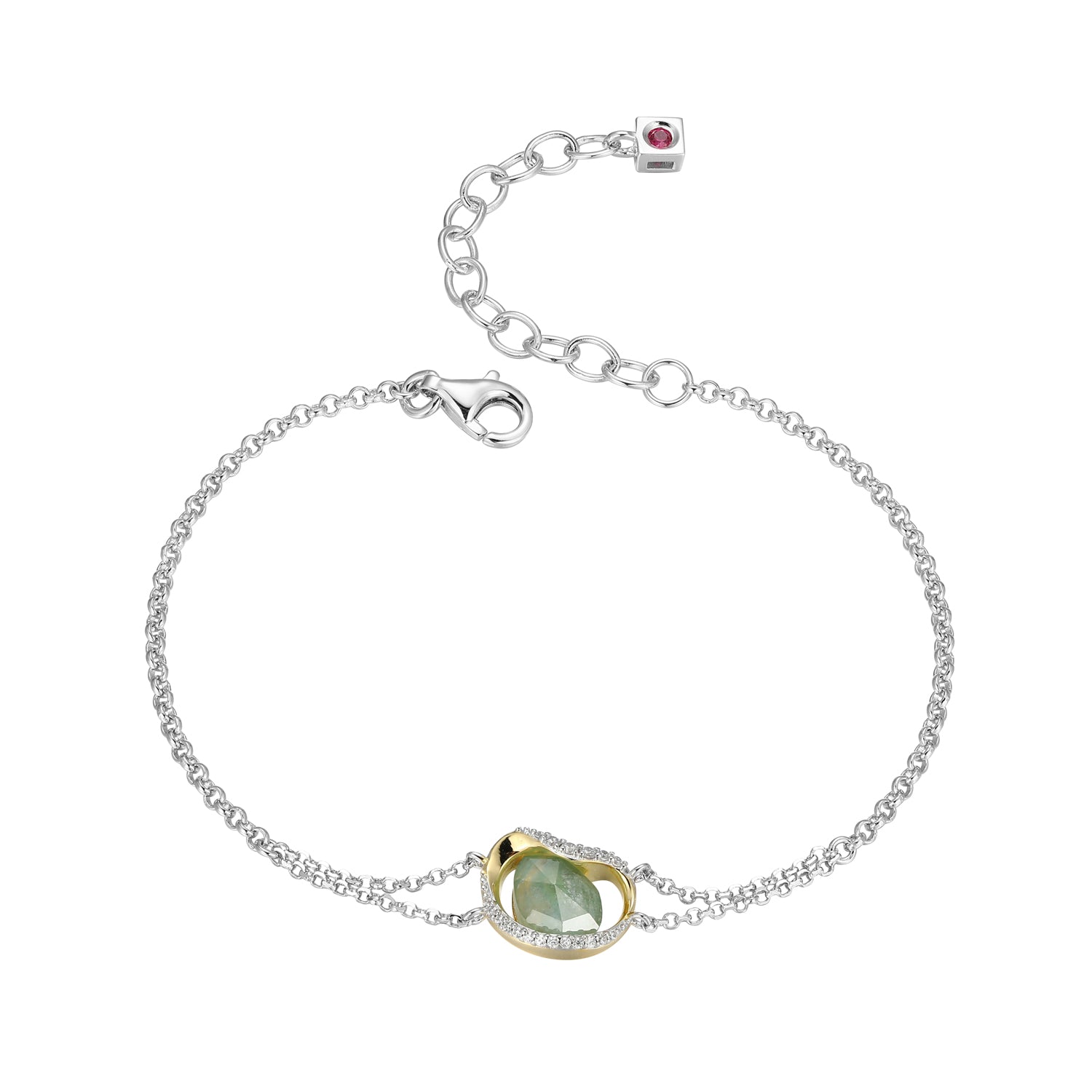 Sterling Silver "Treasure" Rhodium Plated Doublet, Genuine White Crystal, And Amazonite With Clear Cubic Zirconia Bracelet 6.5" + 1.5" Extender