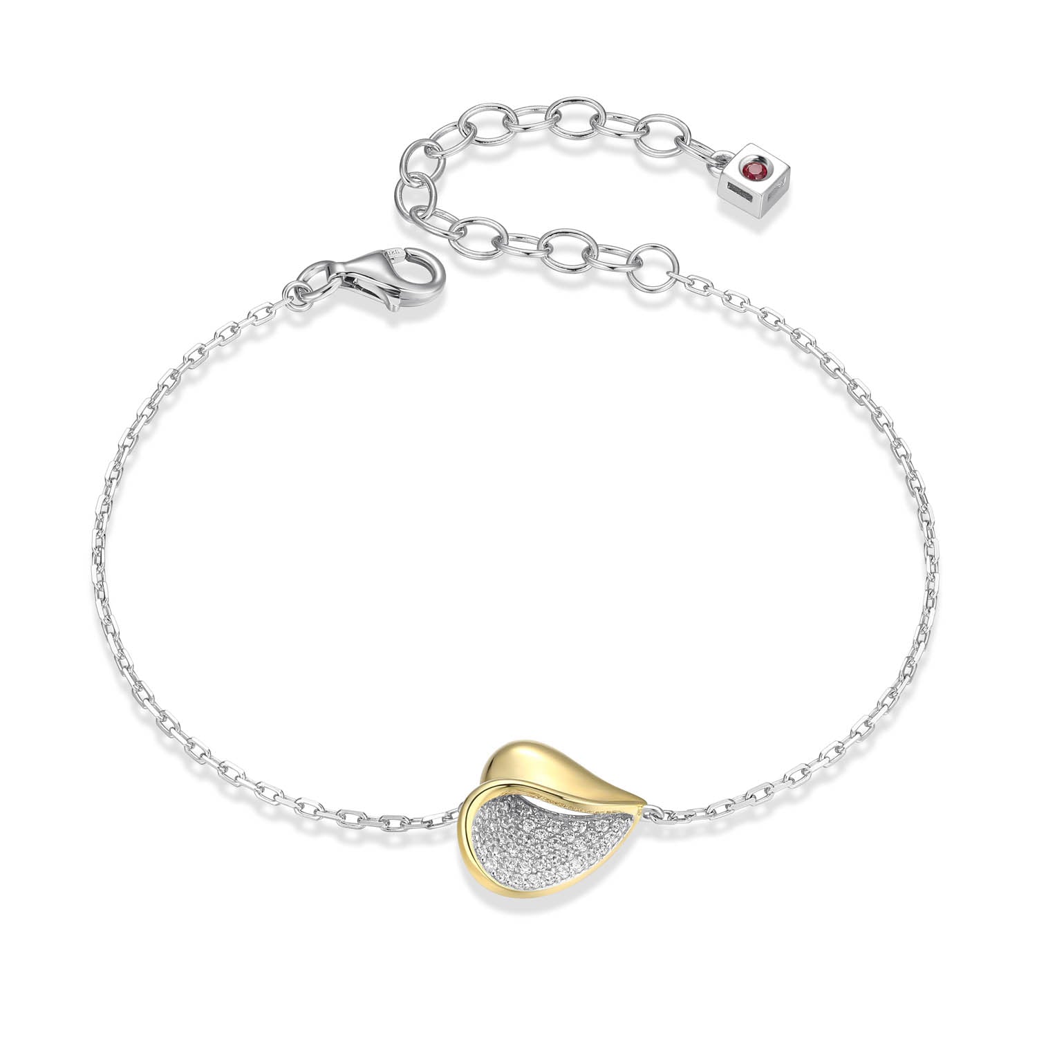 Sterling Silver Elle "Amour" Rhodium And Yellow Gold Plated White Cz Bracelet 6.5" + 2" Extension Faceted Crossed Diamond Cut Cable Chain