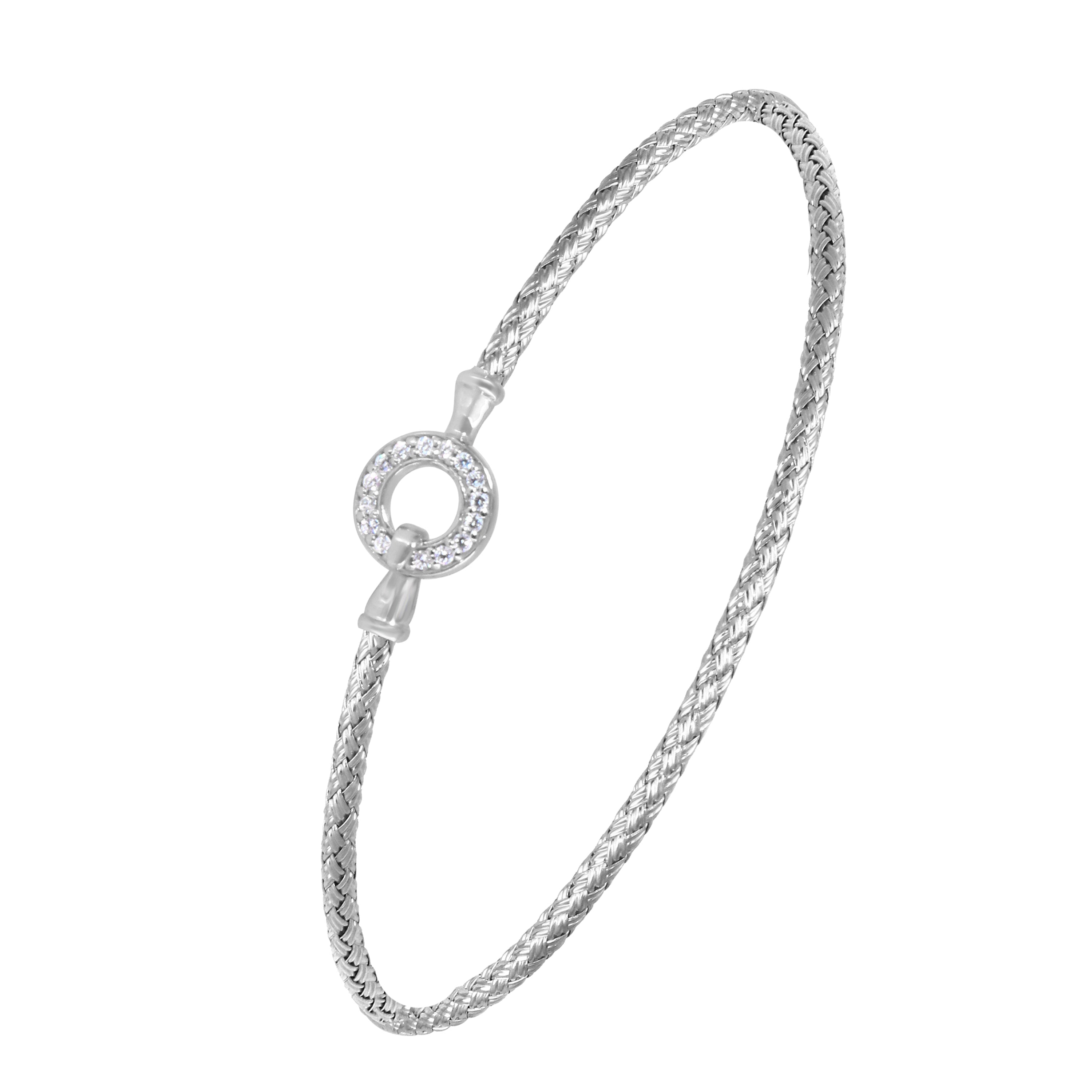 Sterling Silver 2Mm Mesh Bangle With Cz, Rhodium Finish