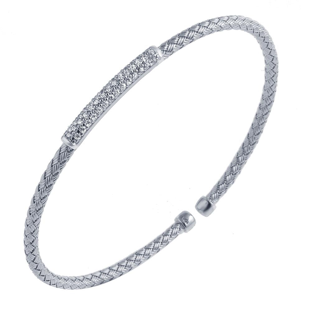 Sterling Silver 3Mm Mesh Cuff With Cz, Rhodium Finish