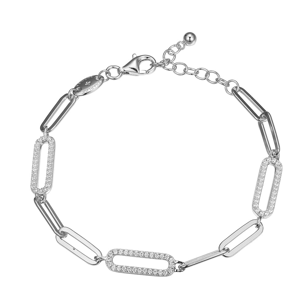 Sterling Silver Bracelet Made With Paperclip Chain (5Mm) And 3 Cz Link (18X6Mm) Stations, Measures 6.75" Long, Plus 1.25" Extender For Adjustable Length, Rhodium Finish