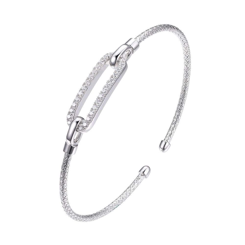 Sterling Silver 2Mm Mesh Cuff With Cz Link (24X8Mm) In Center, Rhodium Finish
