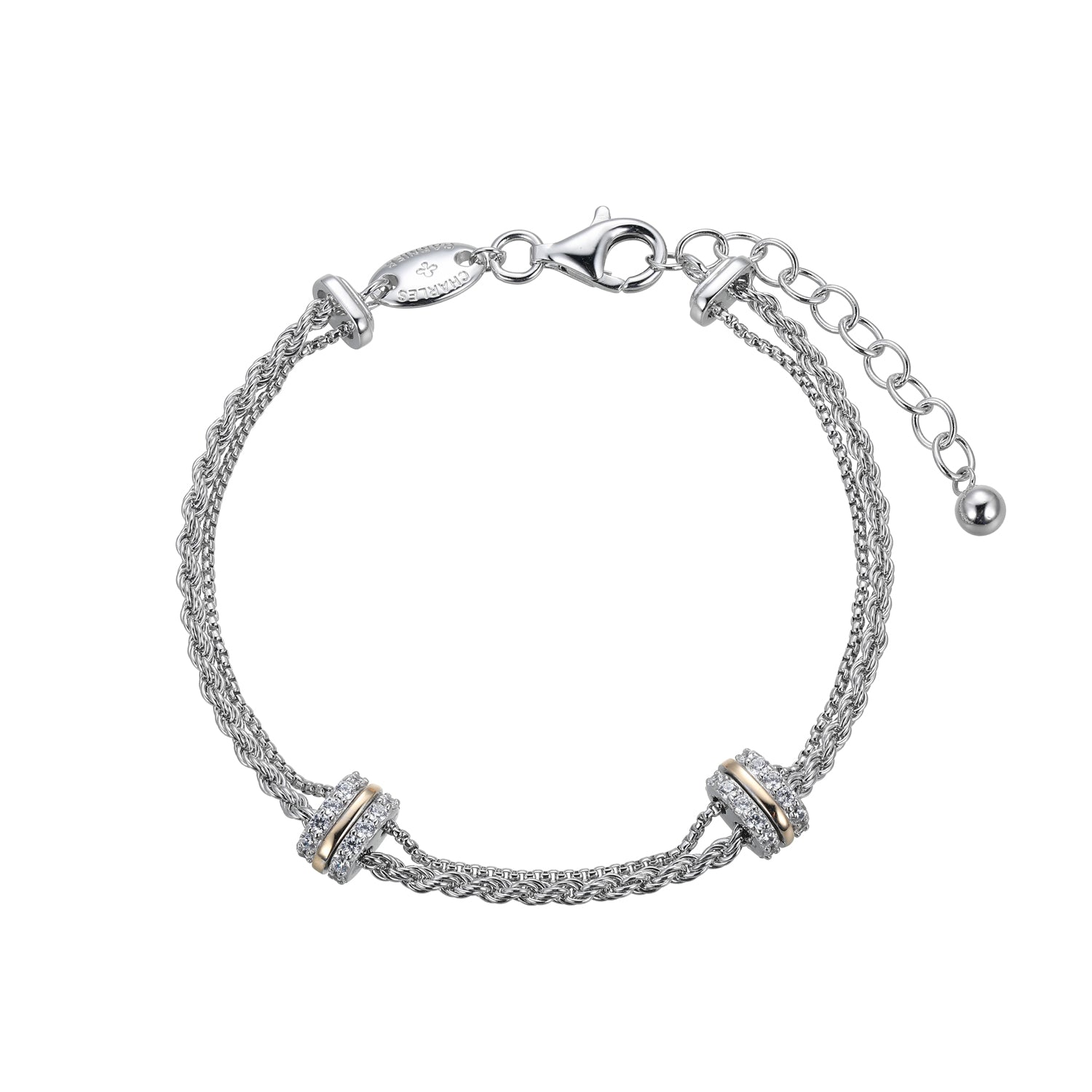 Sterling Silver Cubic Zirconia Rope And Box Chain Bracelet Measures 6.75" Plus 1.25" Extender For Adjustable Length Rhodium And Yellow Gold Finish