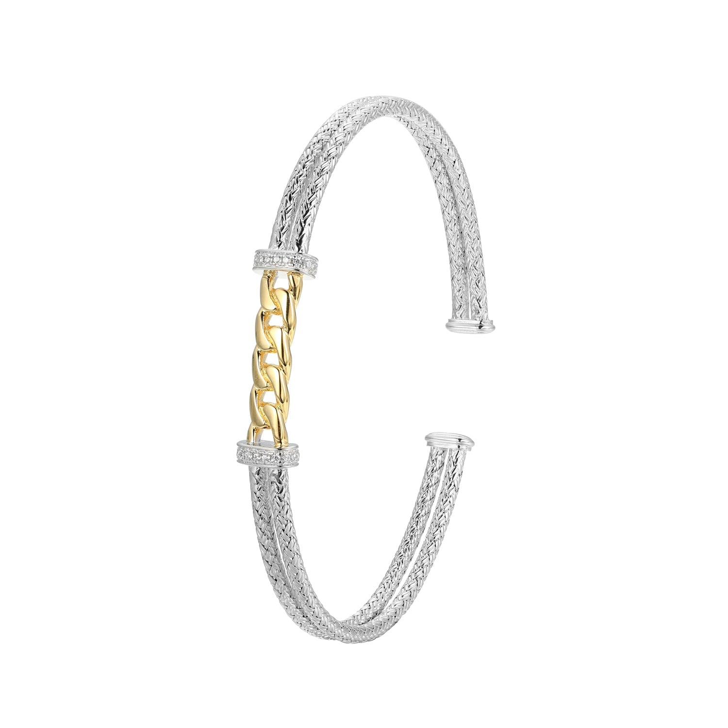 Sterling Silver Classic Mesh Cubic Zirconia Link Station Cuff Bracelet Rhodium And Yellow Gold Finish Inner Circumference 6.75"