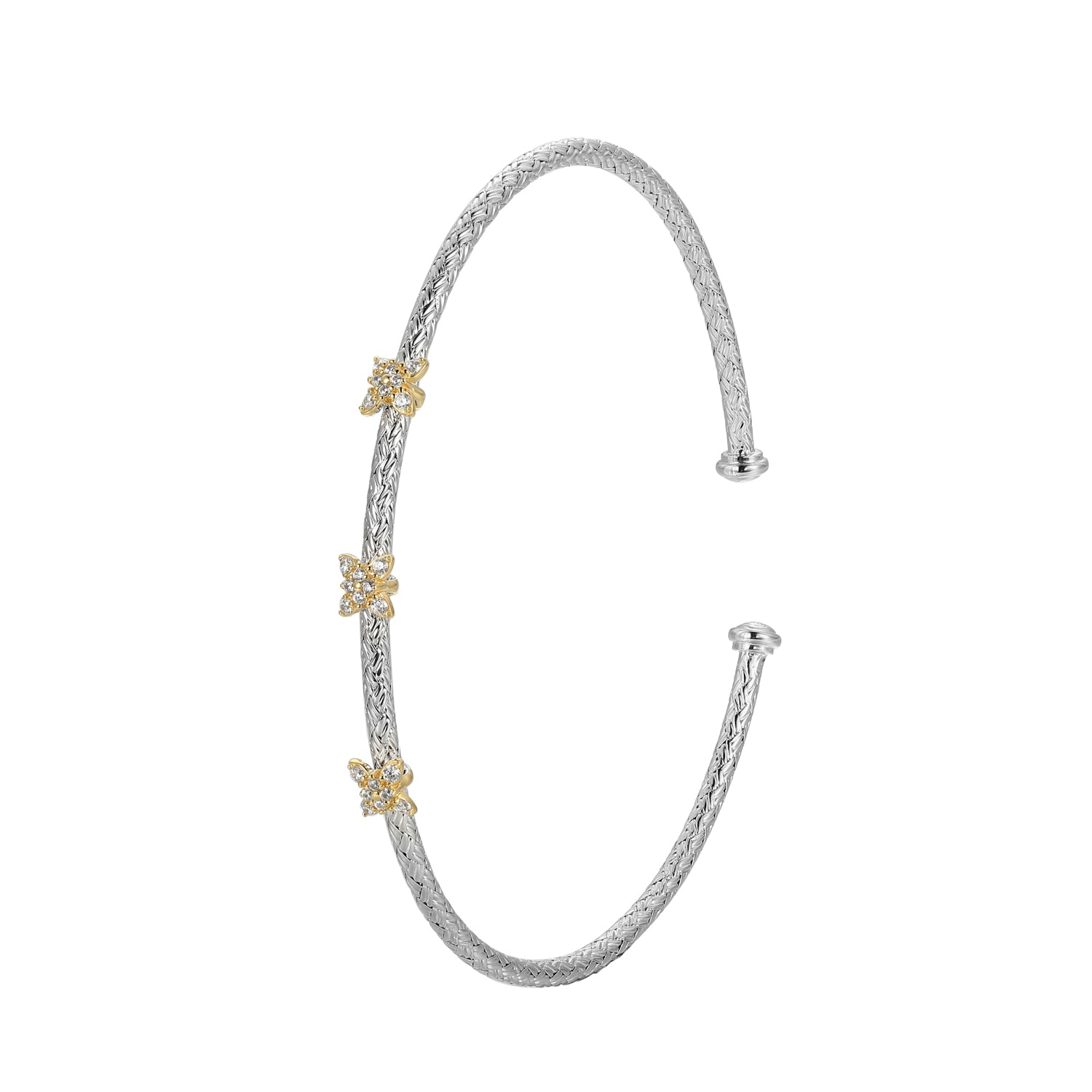 Sterling Silver Classic Mesh Flower Station Cuff Bangle Rhodium And Yellow Gold Finish Inner Circumference 6.75"