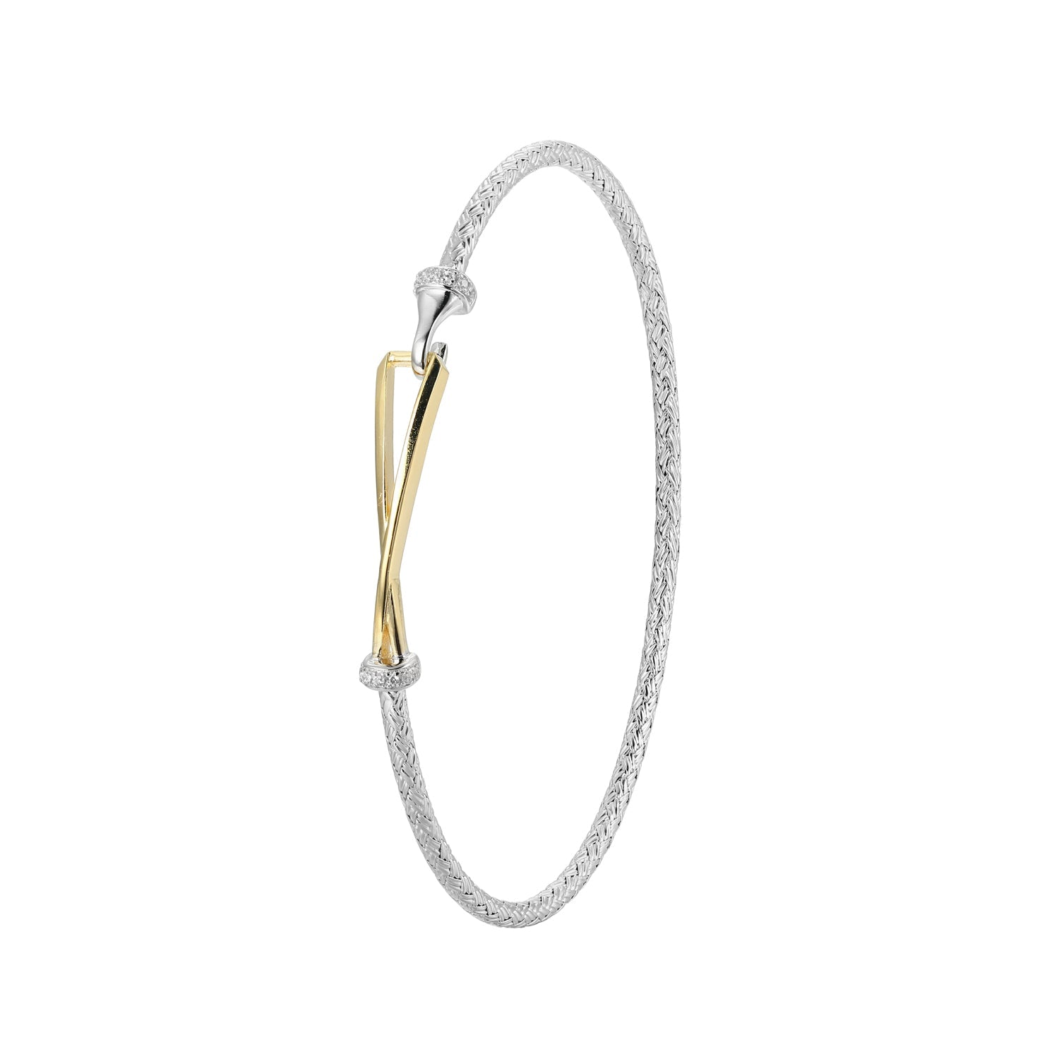 Sterling Silver Classic Mesh Triangular Station Cubic Zirconia Bangle Bracelet Rhodium And Yellow Gold Finish Inner Circumference 6.75"
