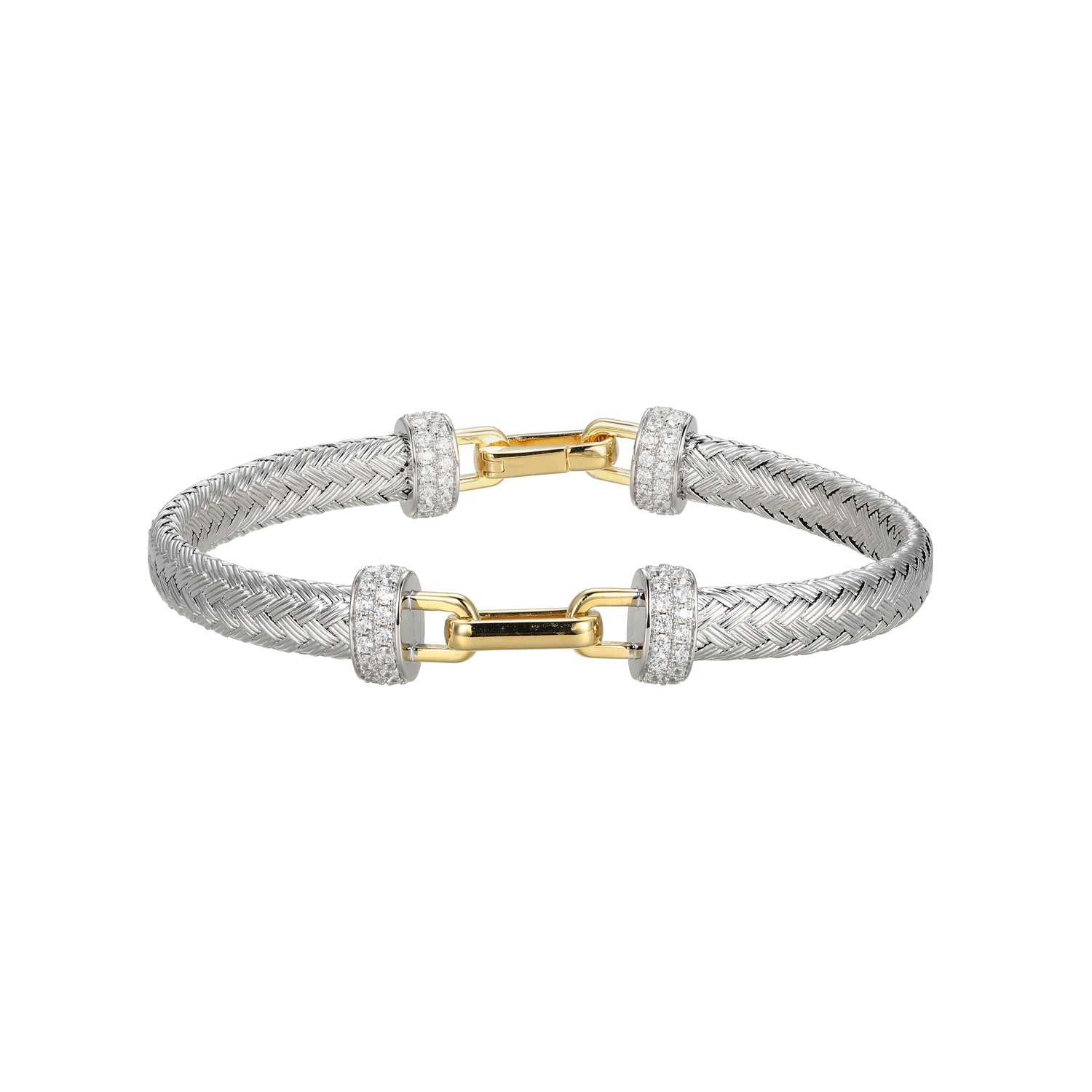 Sterling Silver Classic Mesh Cubic Zirconia Link Station Bangle Bracelet Rhodium And Yellow Gold Finish Inner Circumference 6.75"