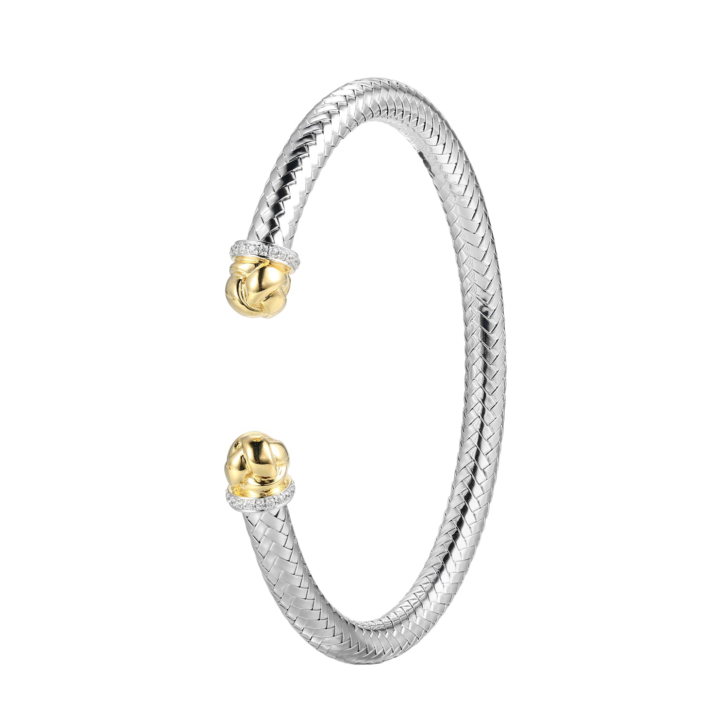 Sterling Silver New Mesh 2 Cubic Zirconia Cuff Bracelet Inner Circumference 6.75" Rhodium And Yellow Gold Finish