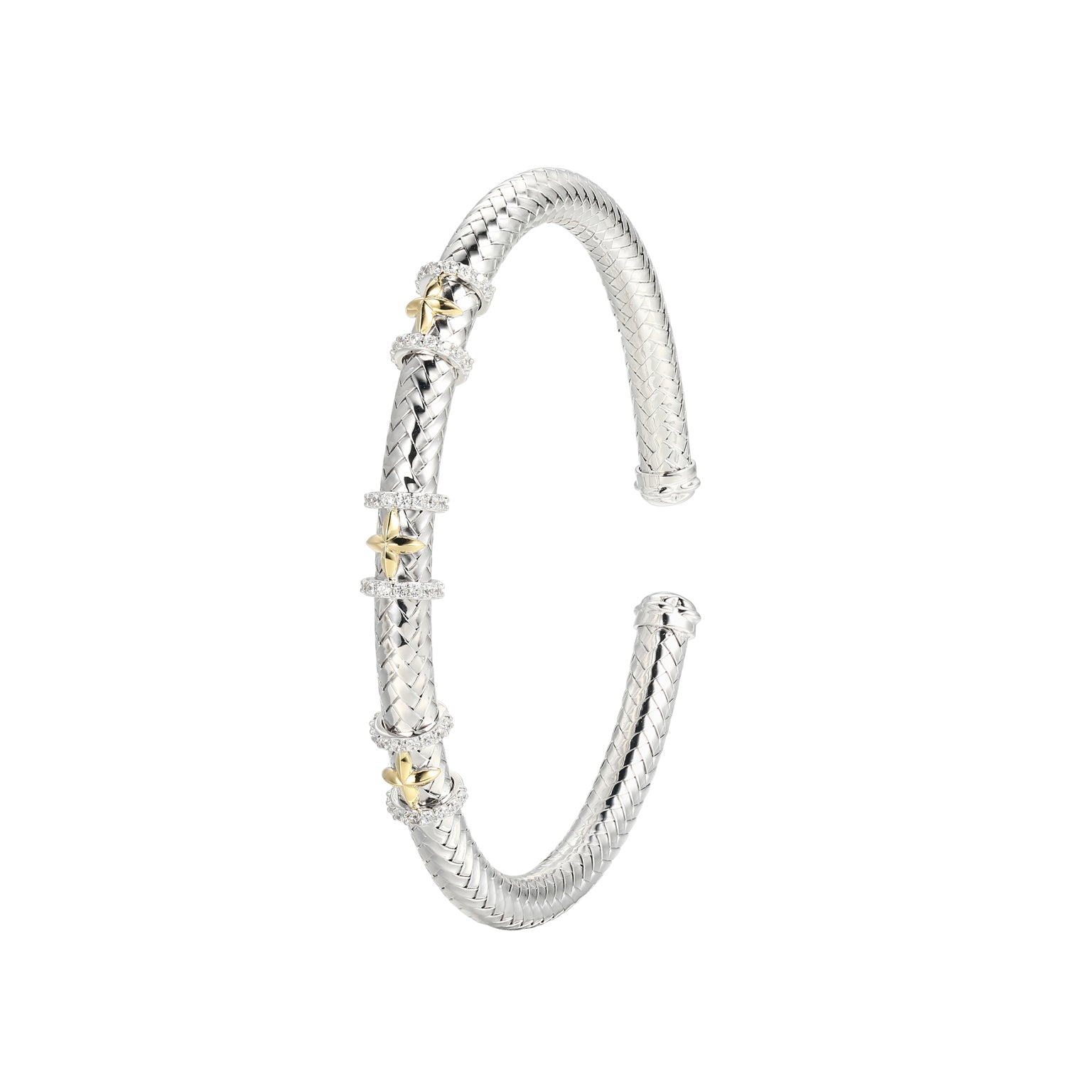 Sterling Silver New Mesh 2 Cubic Zirconia X Cuff Bracelet Inner Circumference 6.75" Rhodium And Yellow Gold Finish