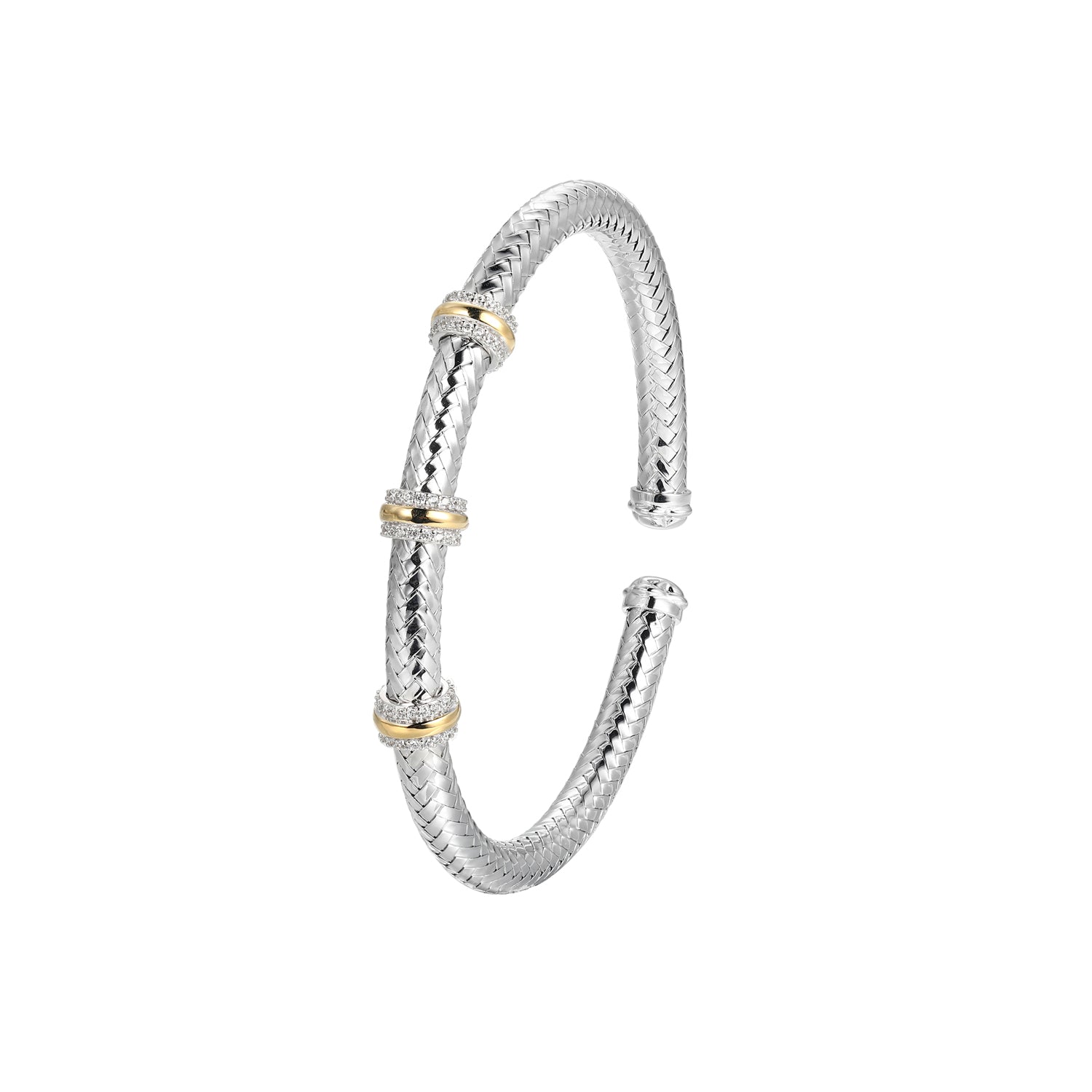 Sterling Silver New Mesh 2 Cubic Zirconia Station Cuff Bracelet Inner Circumference 6.75" Rhodium And Yellow Gold Finish
