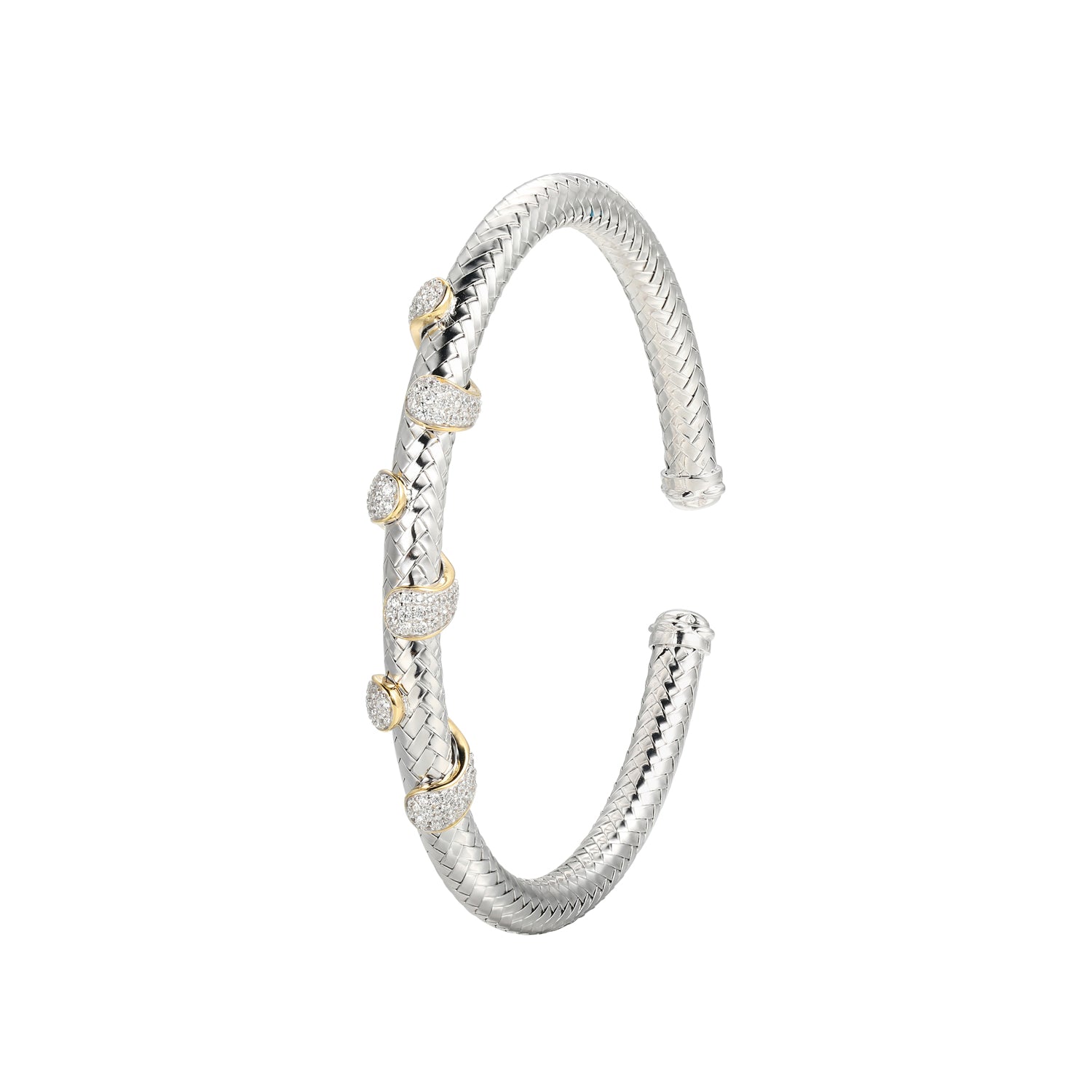 Sterling Silver New Mesh 2 Cubic Zirconia Wrap Cuff Bracelet Inner Circumference 6.75" Rhodium And Yellow Gold Finish