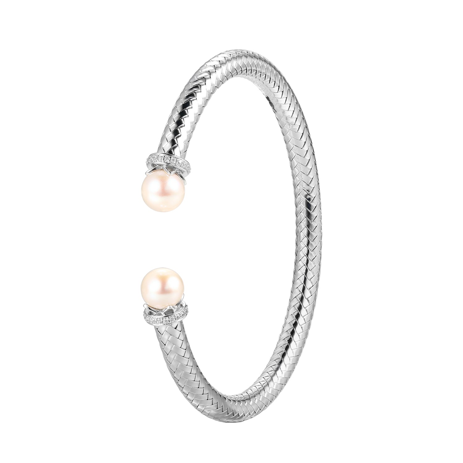 Sterling Silver New Mesh 2 Genuine Freshwater Pearl And Cubic Zirconia Cuff Bracelet Inner Circumference 6.75" Rhodium Finish