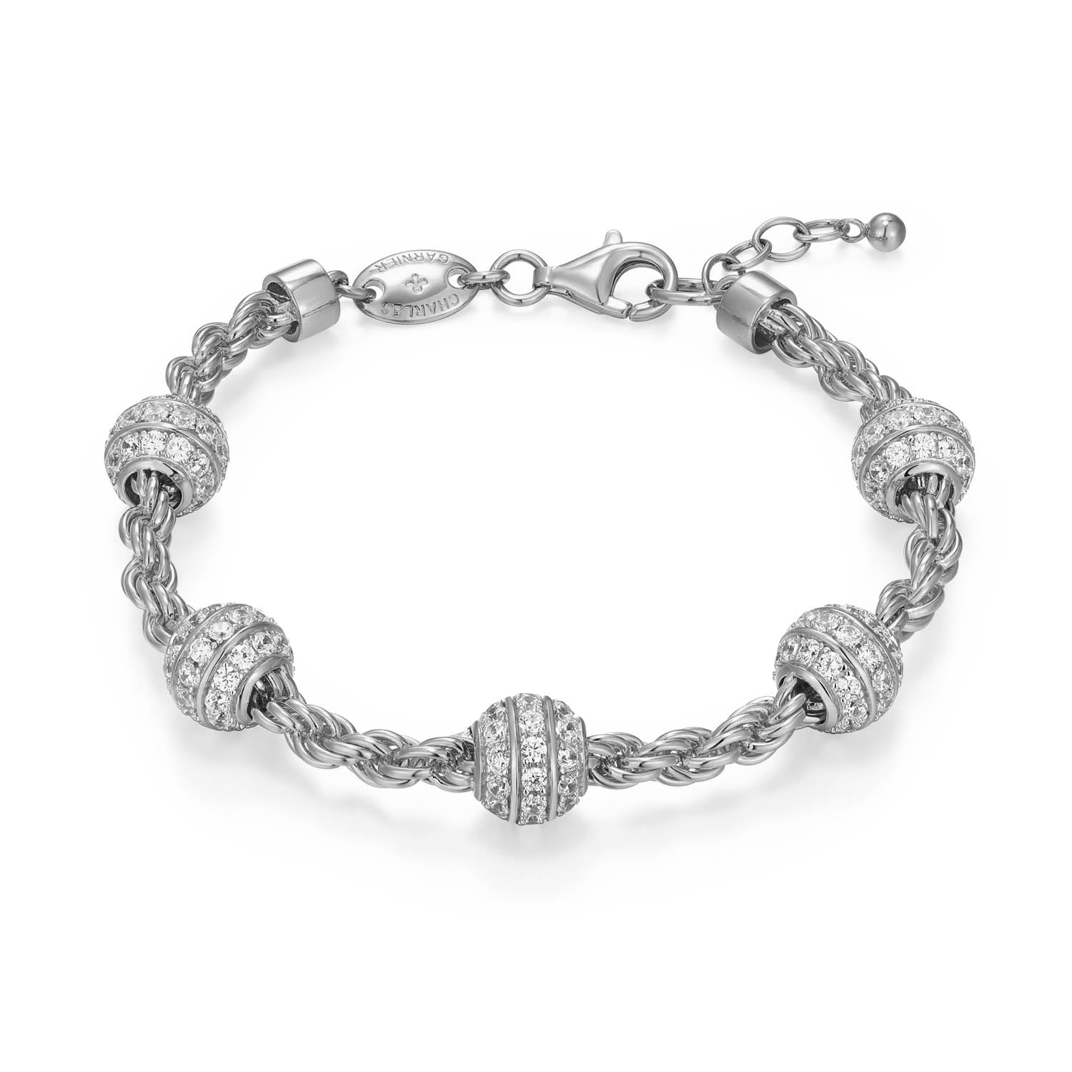 Sterling Silver Charles Garnier "rope" Rhodium Plated Cz Bracelet 7.5"+0.5" Rope