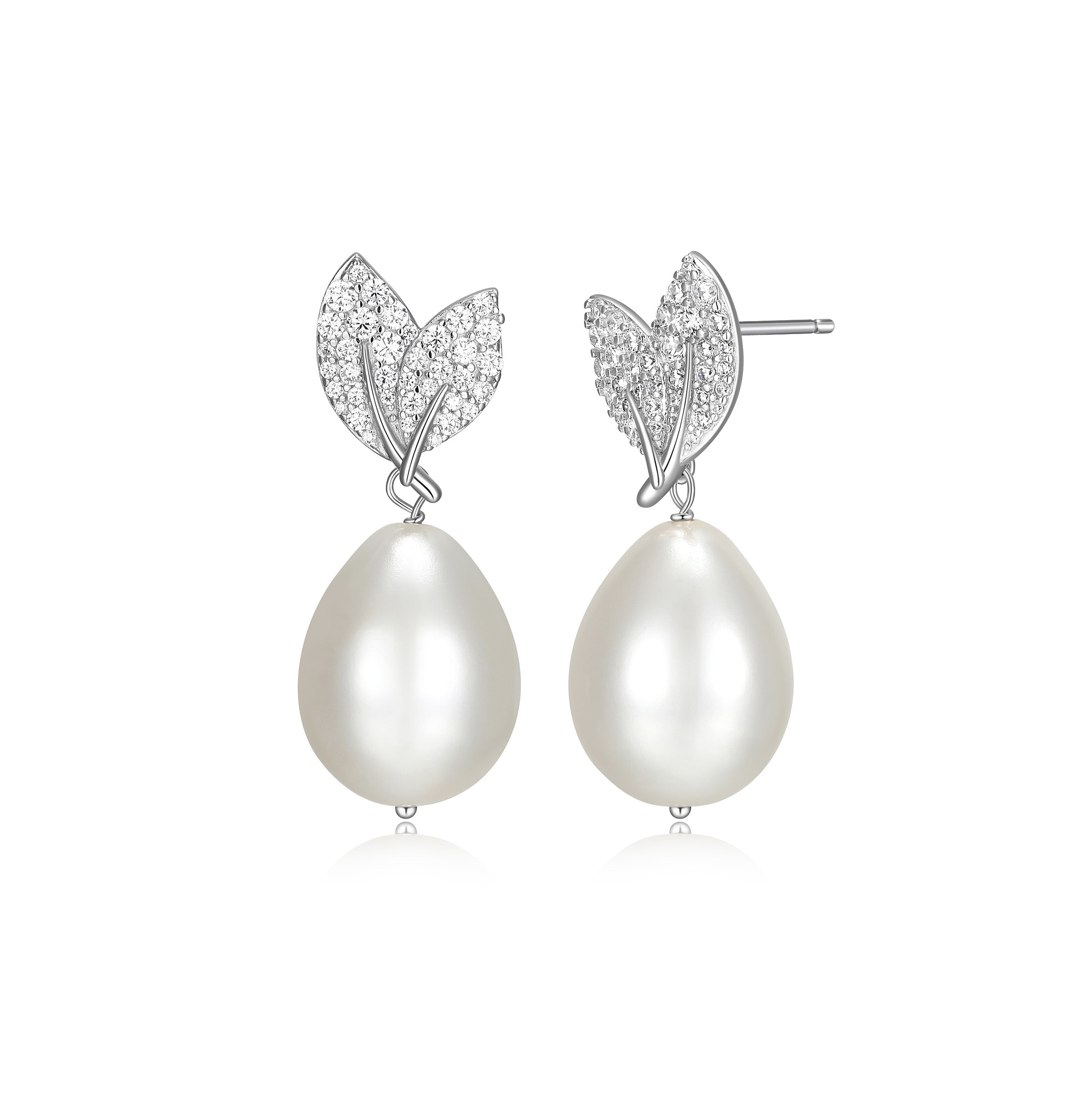 Diamondlite Cz 15X12Mm White Shell Pearl Leaf Drop Earrings In Sterling Silver.