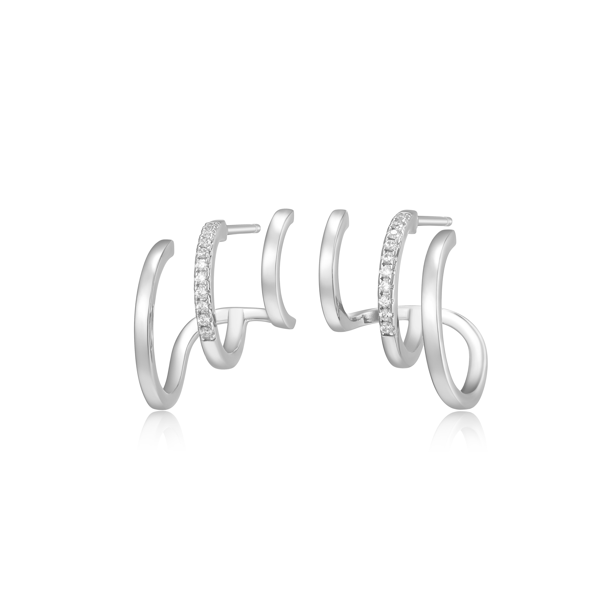 BE0089W - Multi-Hoop Claw Stud Earrings in Rhodium-Plated Sterling Silver