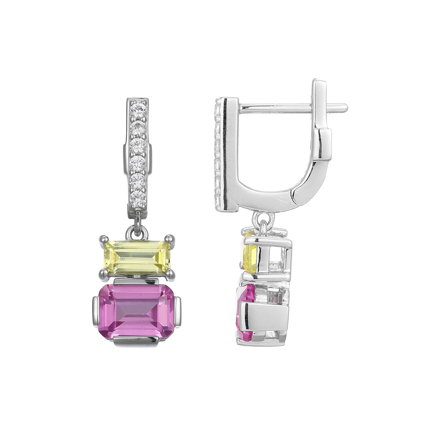 Sterling Silver Elle "Puzzle" Rhodium Plated Created Pink Sapphire, Created Yellow Sapphireand Created White Sapphire Earrings