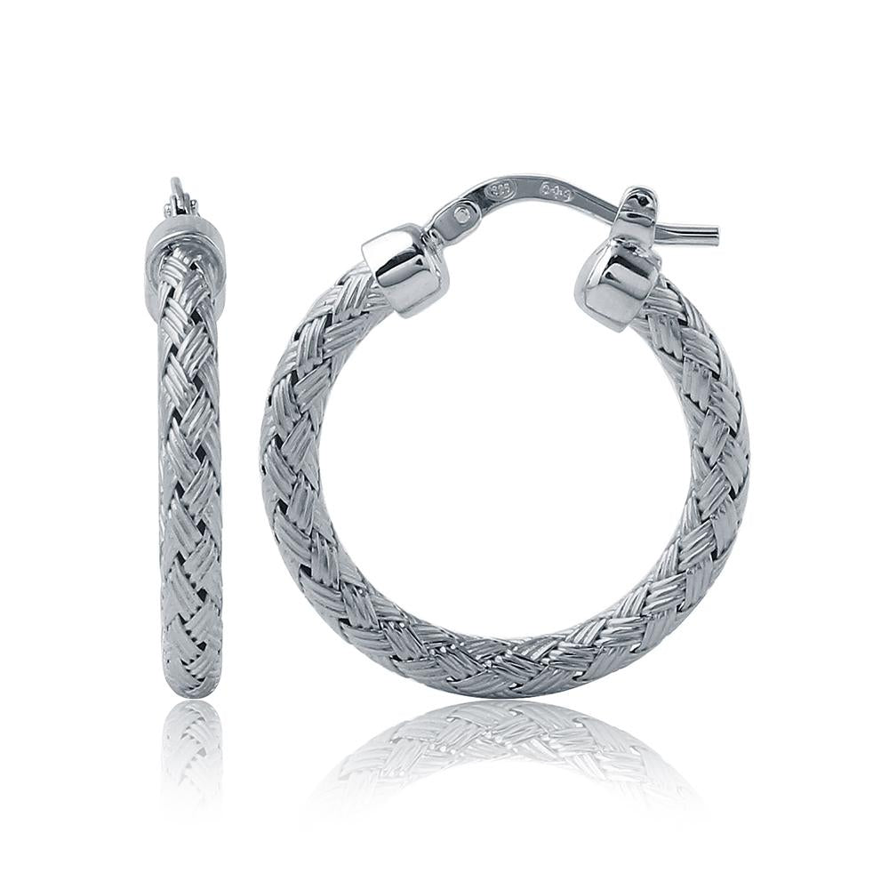 Sterling Silver 3Mm Mesh Earrings, Round Approximate 25Mm, Rhodium Finish