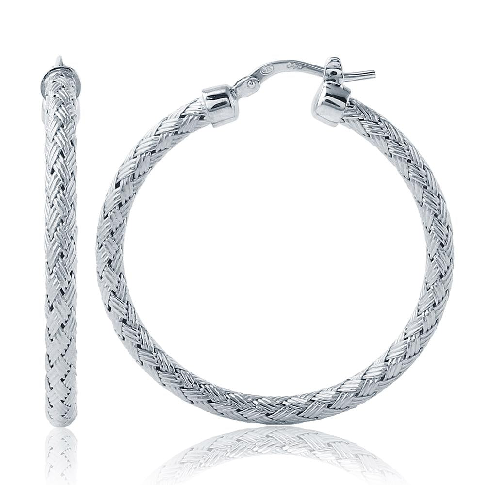 Sterling Silver 3Mm Mesh Earrings, Round Approximate 35Mm, Rhodium Finish