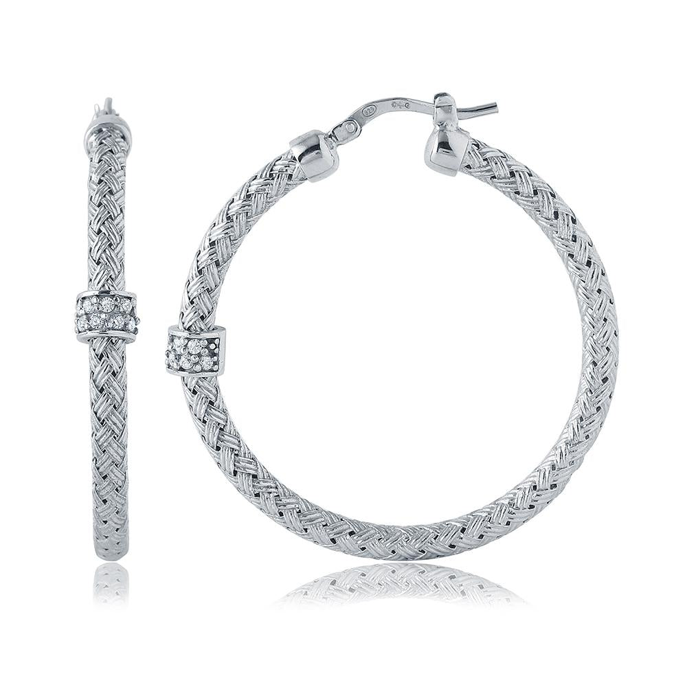 Sterling Silver 3Mm Mesh Earrings With Cz, Round Approximate 35Mm, Rhodium Finish