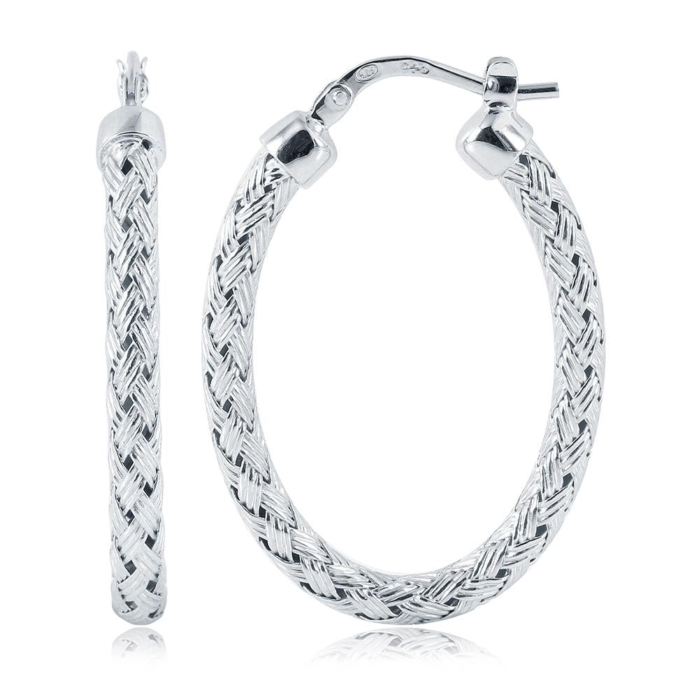 Sterling Silver 3Mm Mesh Earrings, Oval Approximate 30X22Mm, Rhodium Finish