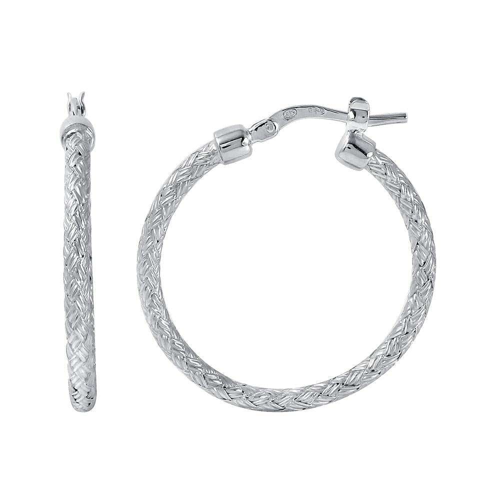 Sterling Silver 2Mm Mesh Earrings, Round Approximate 25Mm, Rhodium Finish
