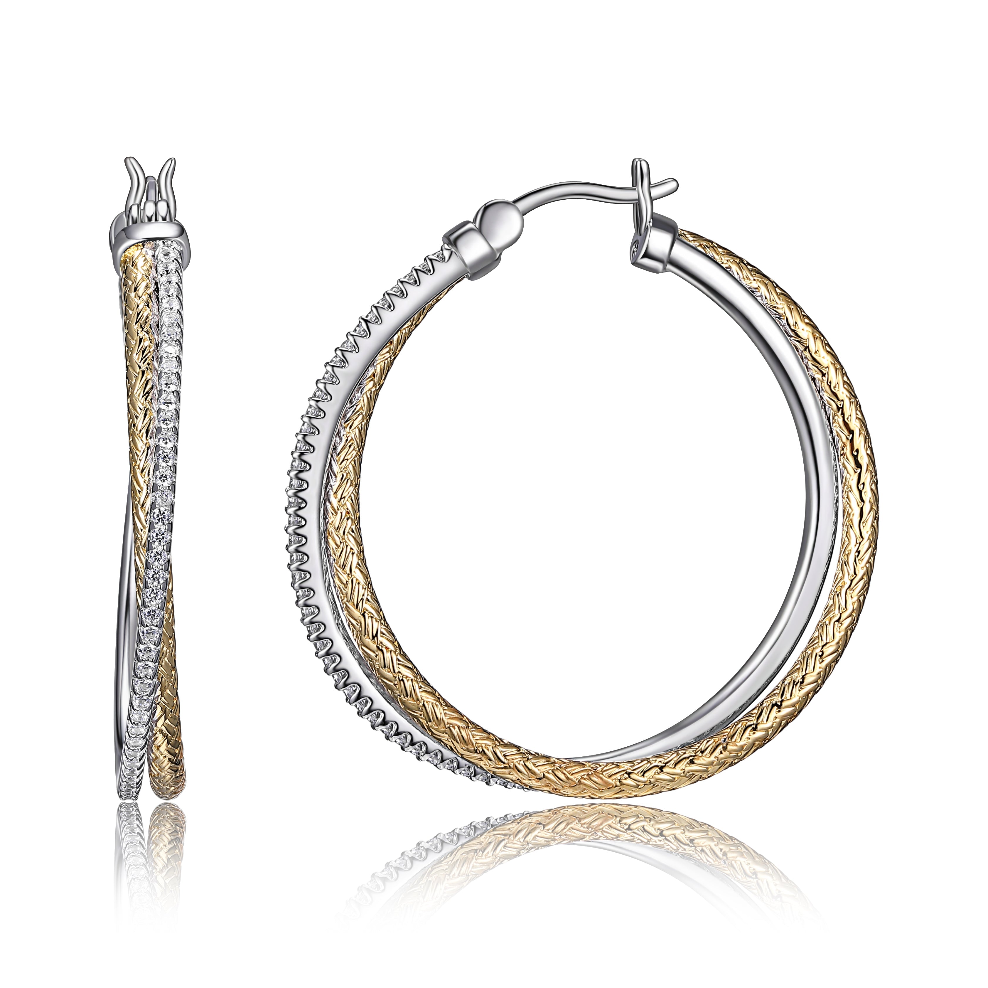 Sterling Silver 2Mm Mesh With Cz Hoop Earrings, Round Approximate 35Mm, 2 Tone, 18K Yellow Gold And Rhodium Finish